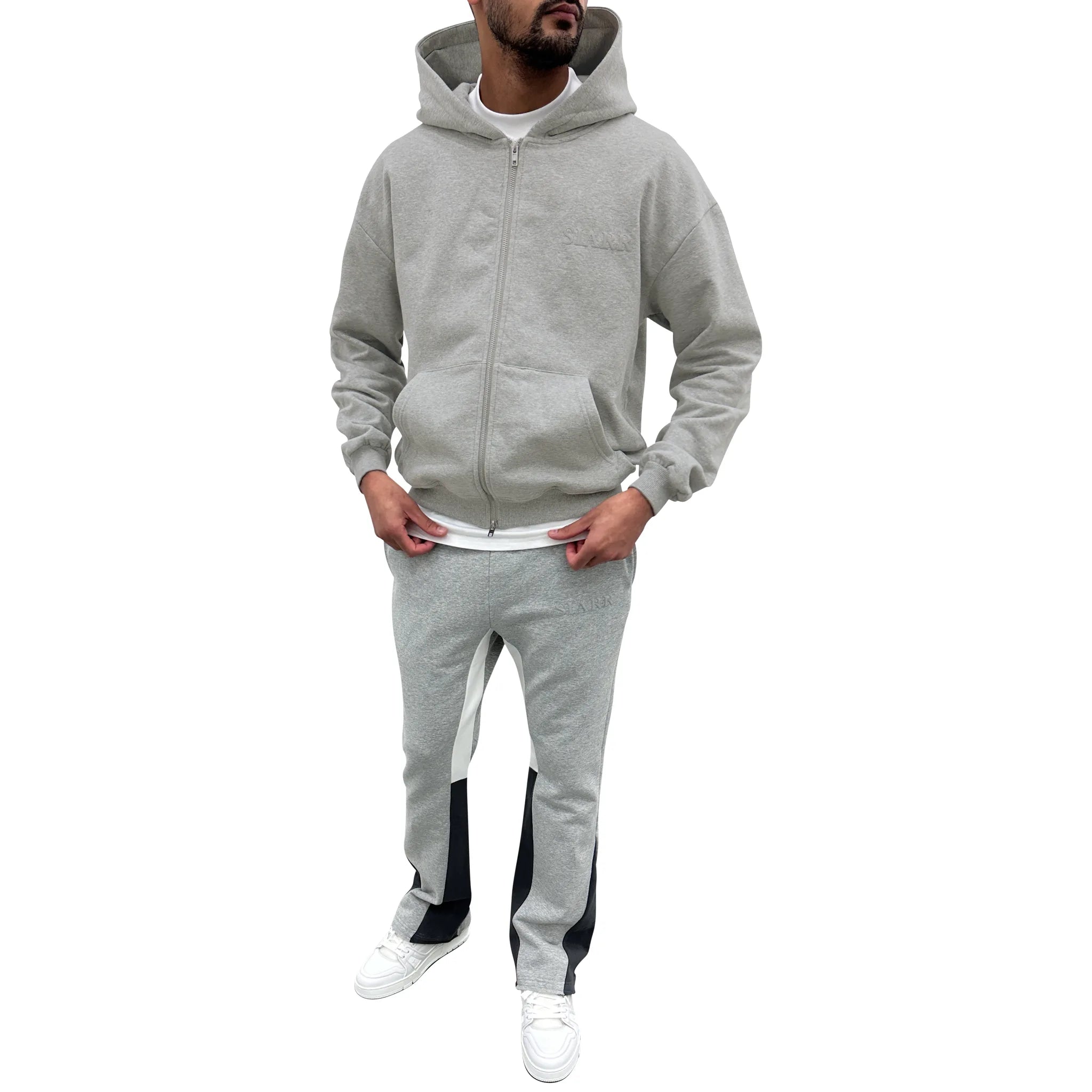 Model front view of SIARR Light Grey Zip-Up Hoodie 