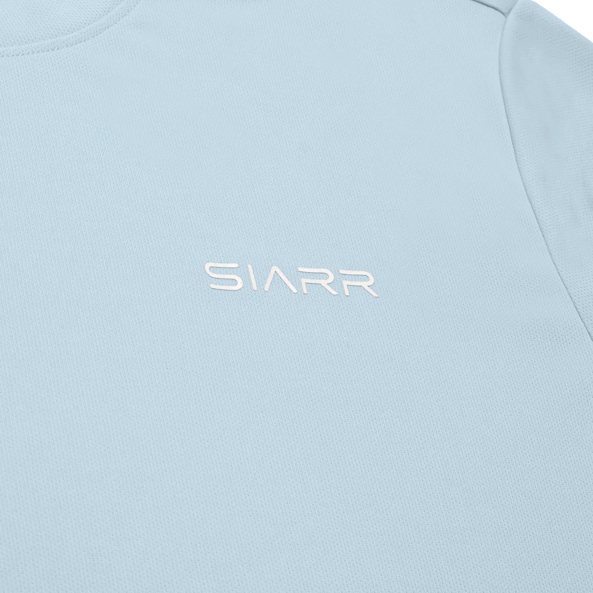 Chest logo view of SIARR Performance Baby Blue T Shirt