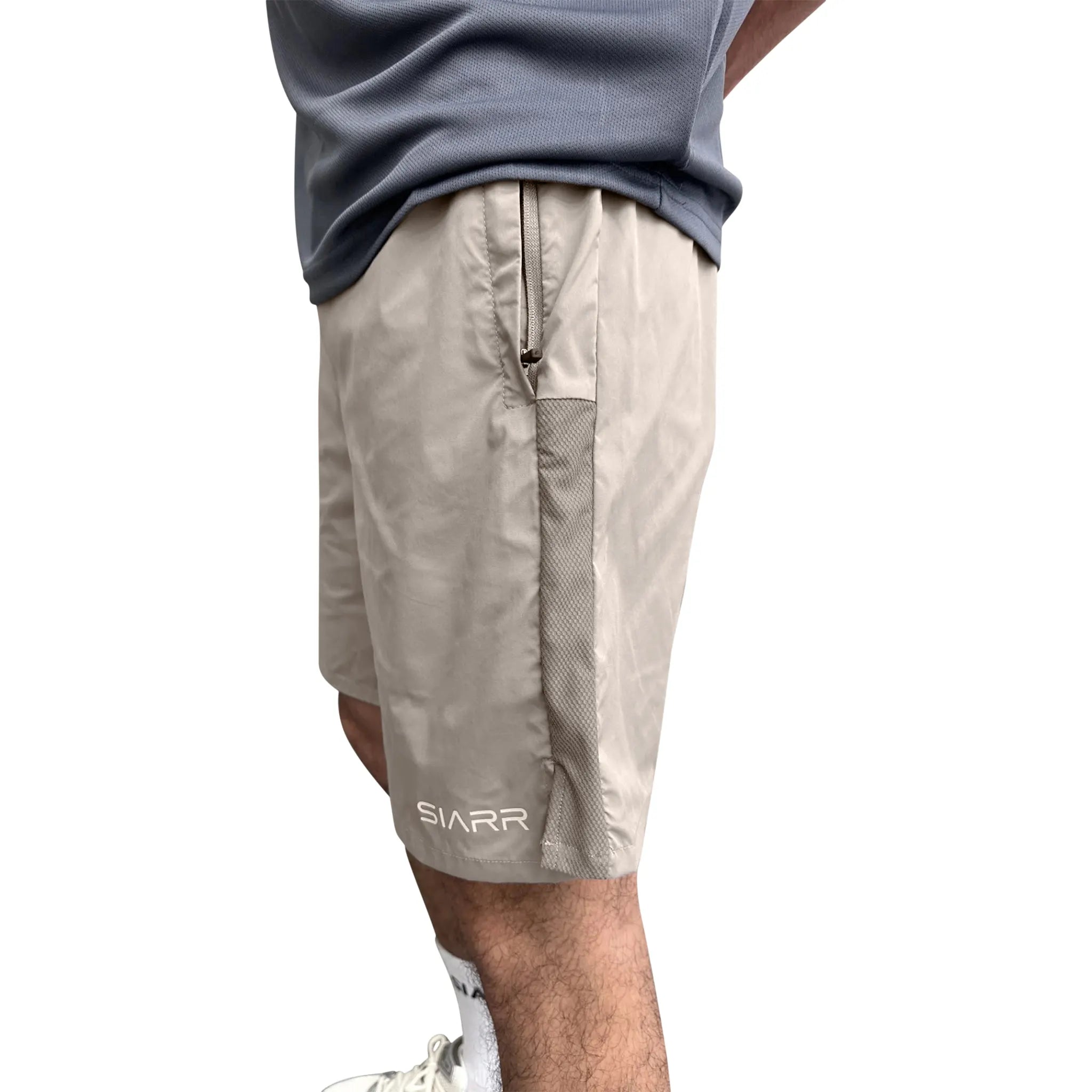 Model side view of SIARR Performance Grey Shorts 