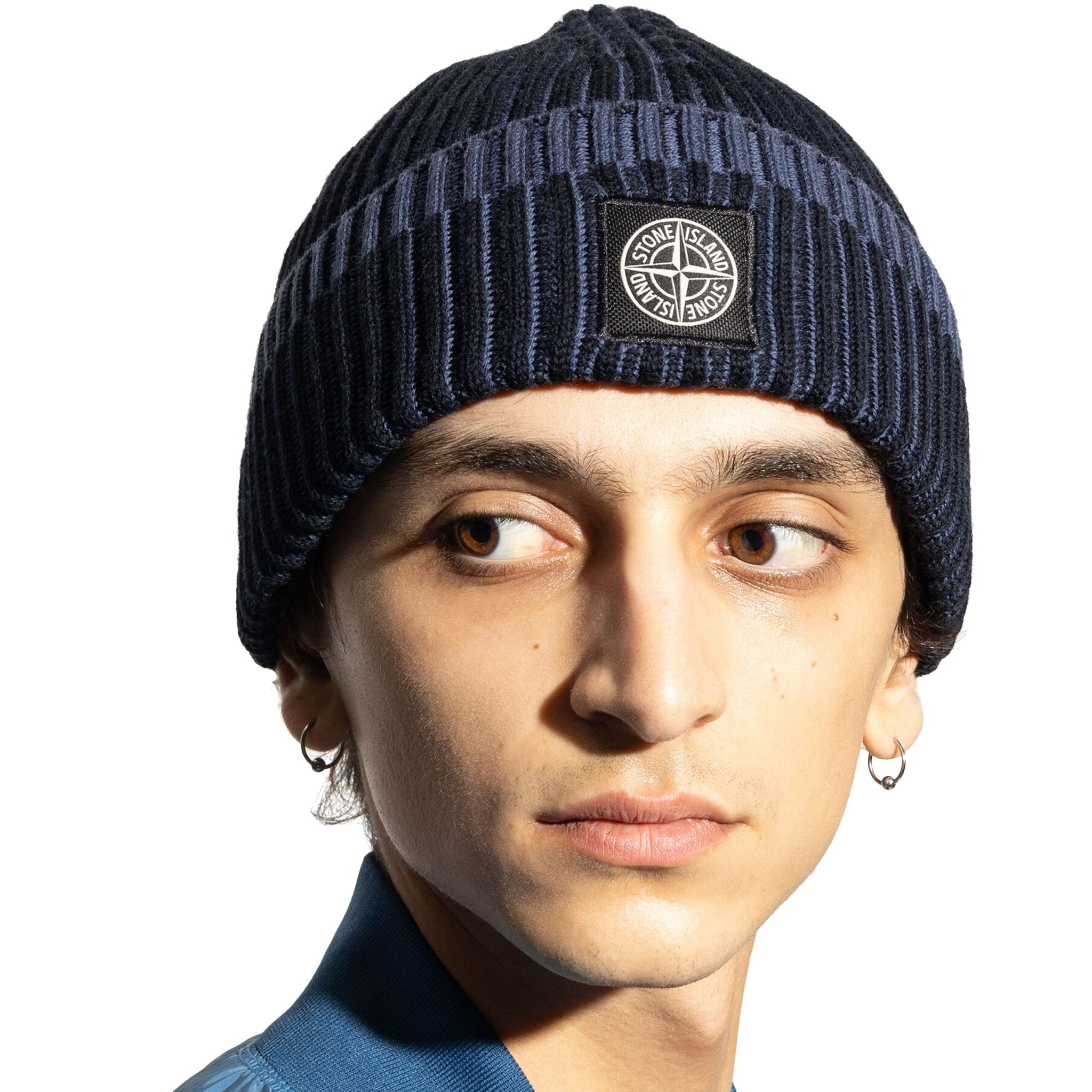 Model view of Stone Island Dyed Compass Patch Navy Beanie 