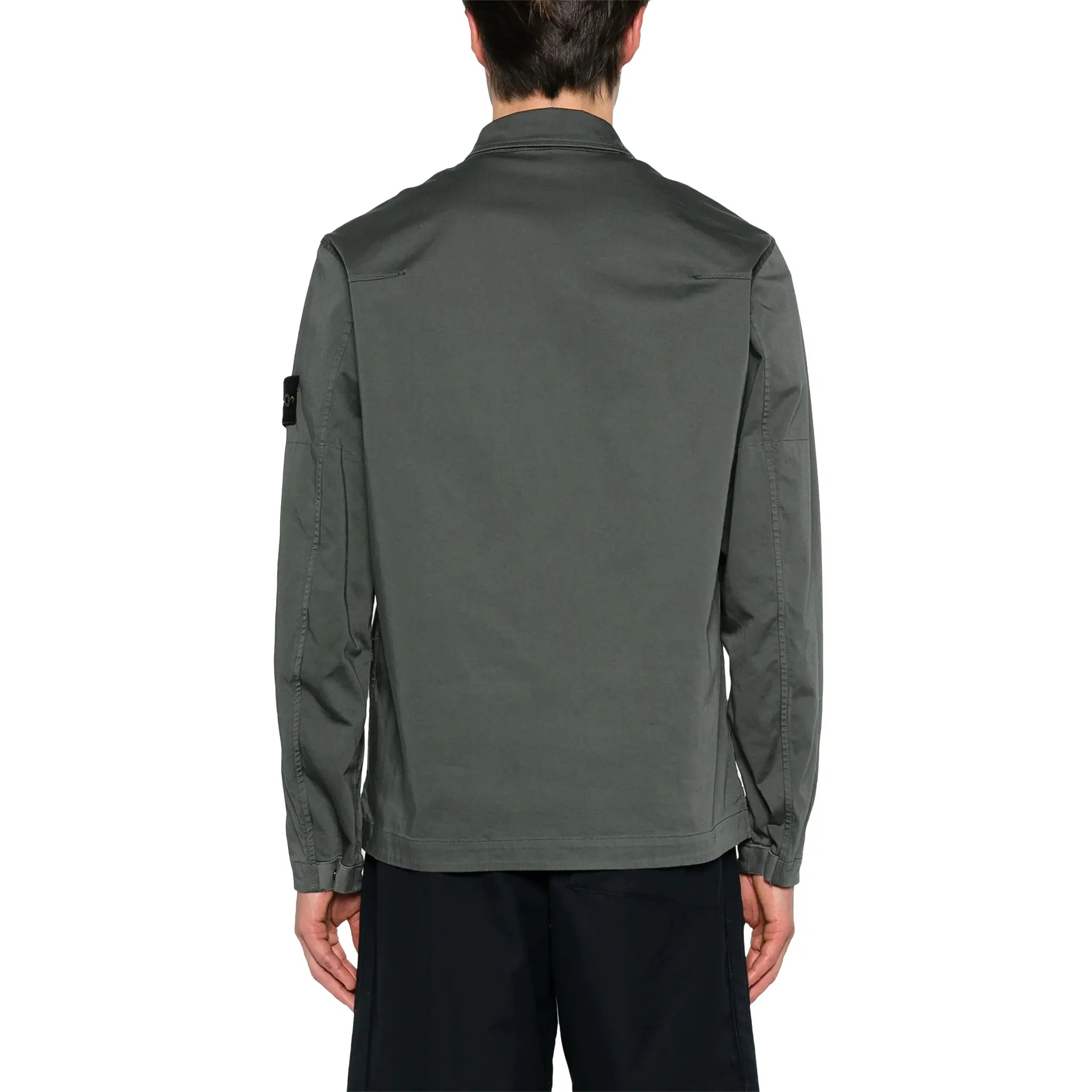 Back view of Stone Island Stretch Cotton Satin Dark Green Overshirt 801510812