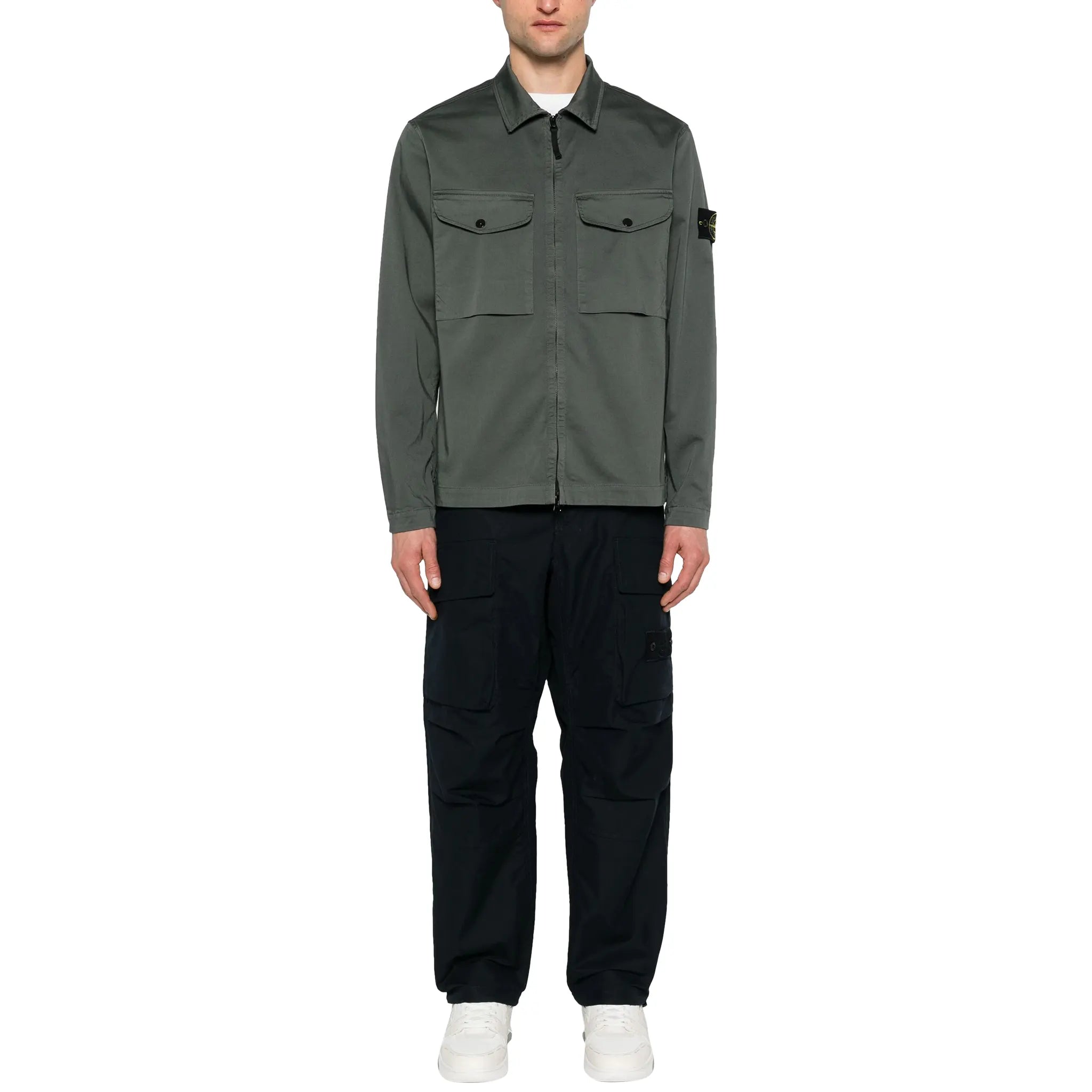 Model Front view of Stone Island Stretch Cotton Satin Dark Green Overshirt 801510812