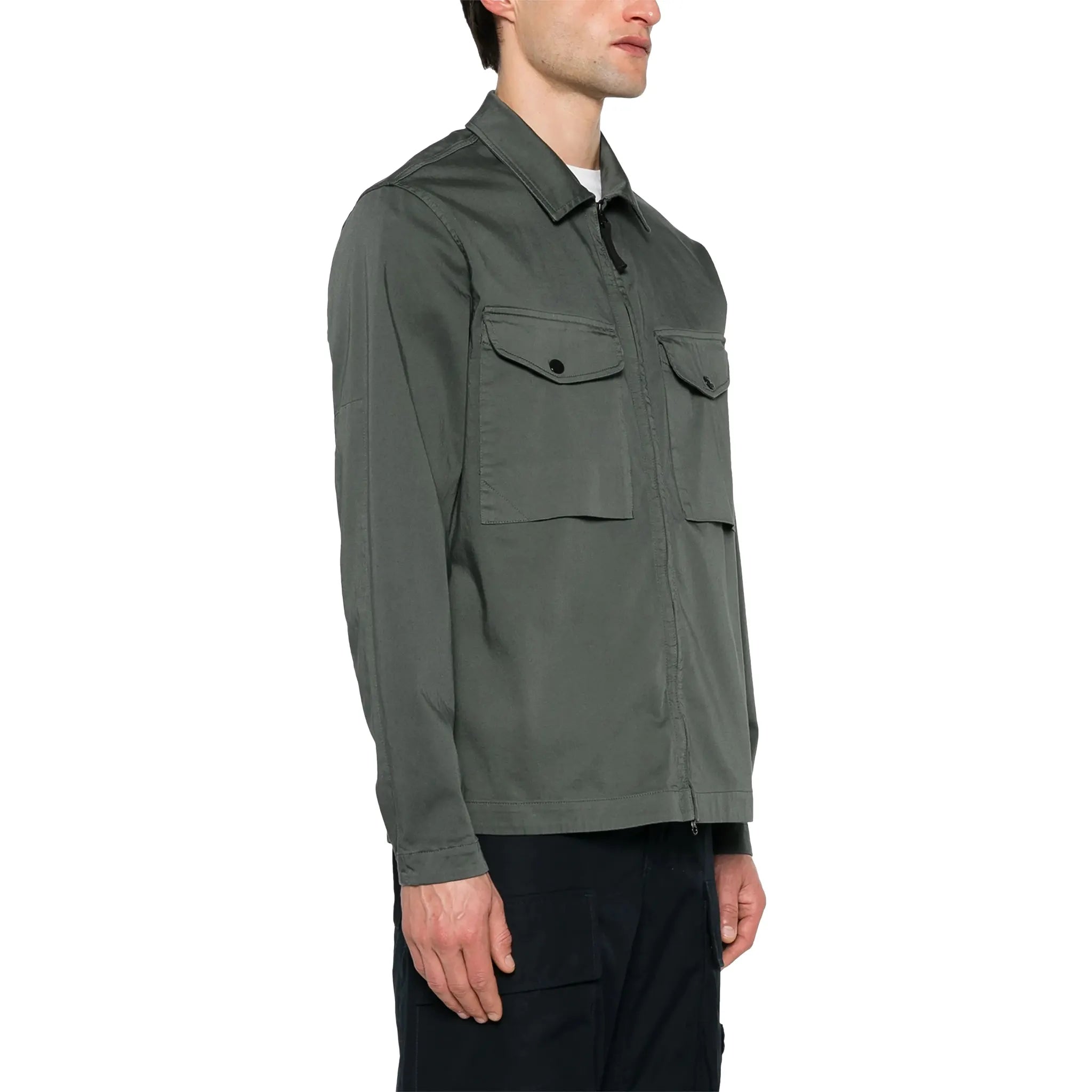 Model Side view of Stone Island Stretch Cotton Satin Dark Green Overshirt 801510812