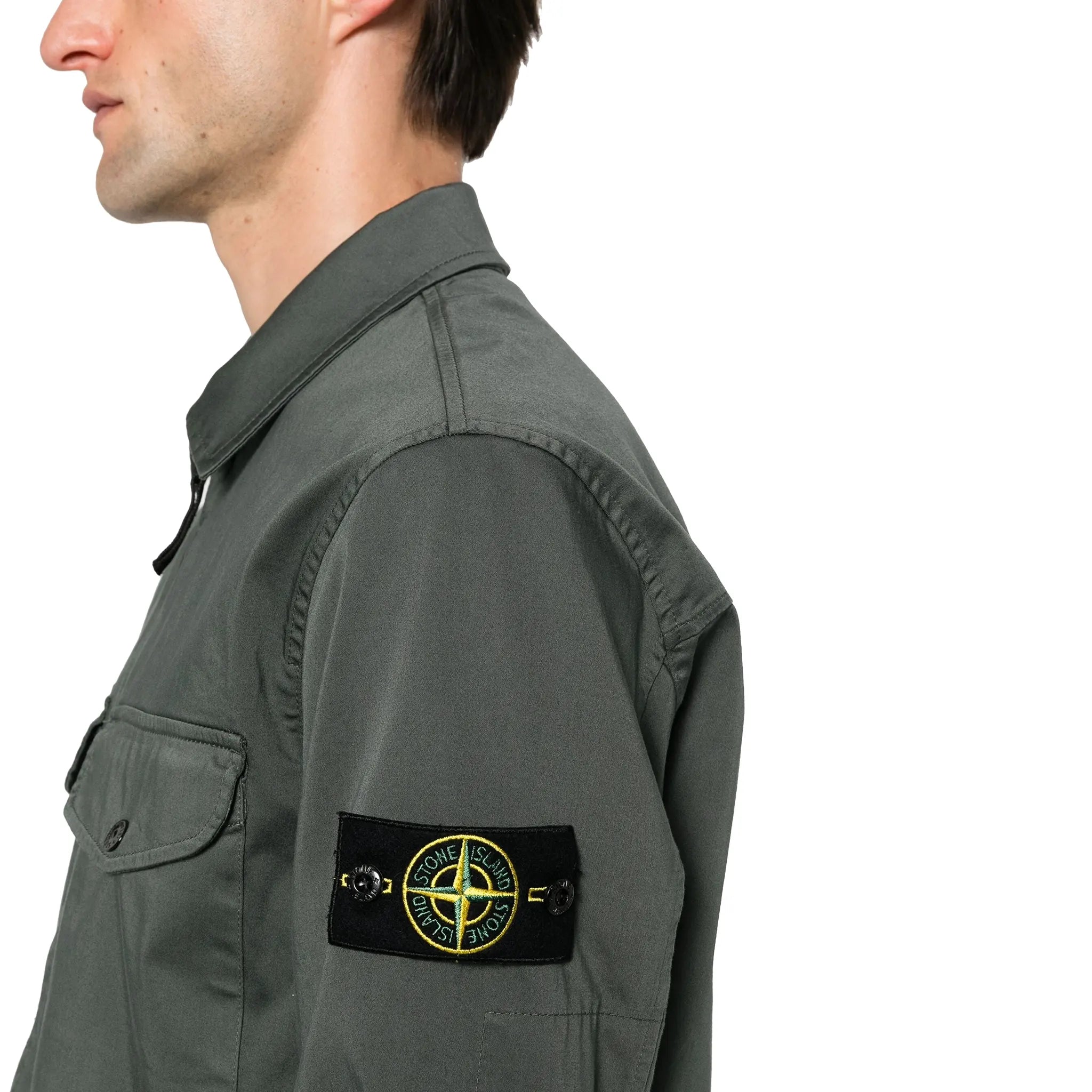 Side view of Stone Island Stretch Cotton Satin Dark Green Overshirt 801510812