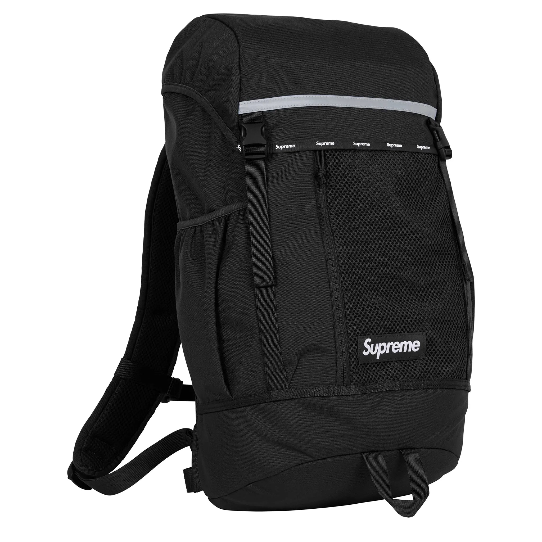 Front side view of Supreme Black Backpack (FW24) FW24B4 BLACK