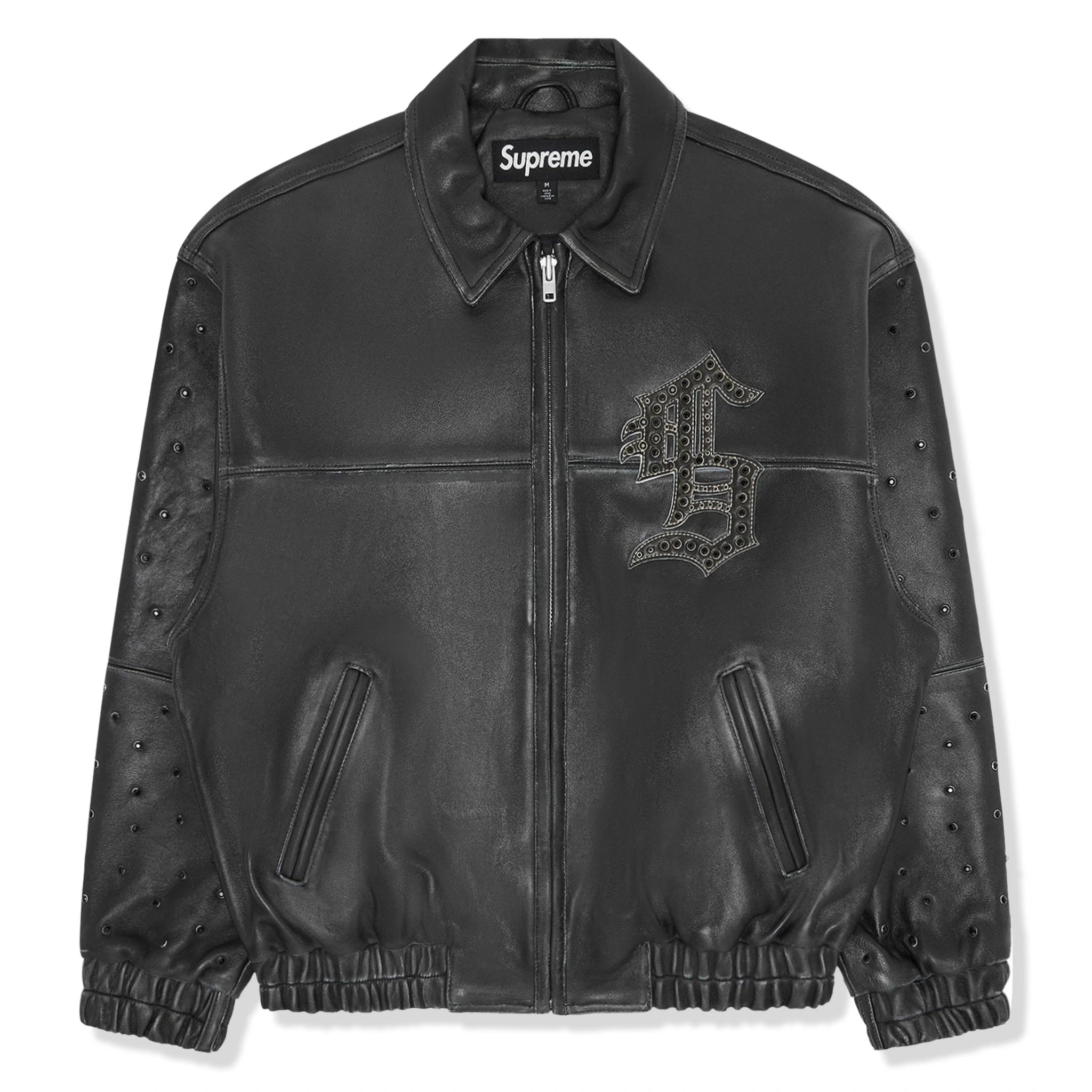 Front view of Supreme Gem Studded Black Leather Jacket