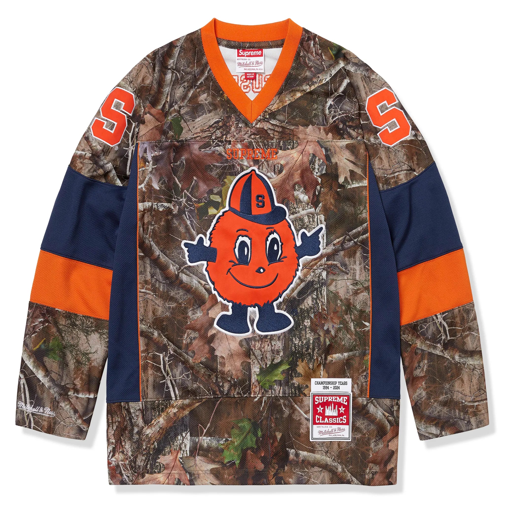 Front view of Supreme Mitchell & Ness NCAA TrueTimber Kanati Camo Hockey Jersey FW24KN49 TRUETIMBER KANATI CAMO