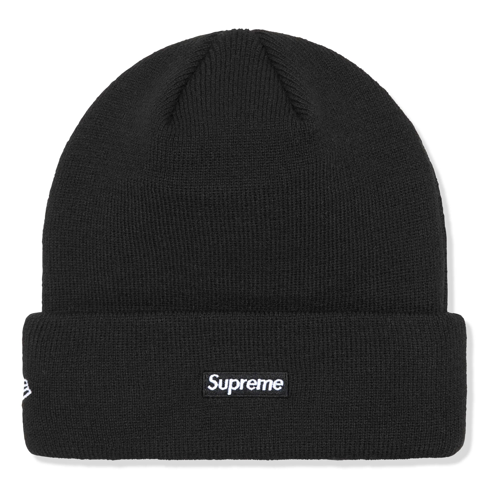 Back view of Supreme New Era Script Logo Black Beanie (FW24) FW24BN66 BLACK