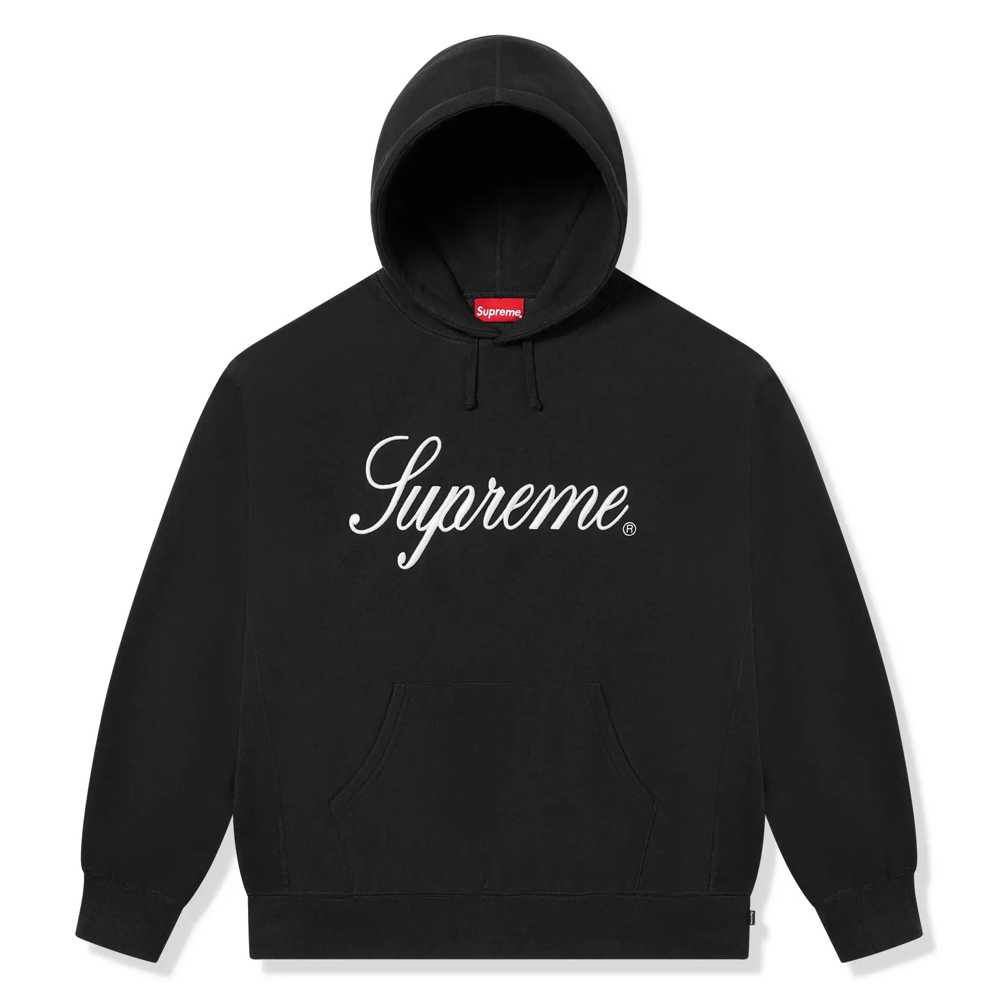 Hoodie front view of Supreme Raised Script Black Sweatpants & Hoodie 