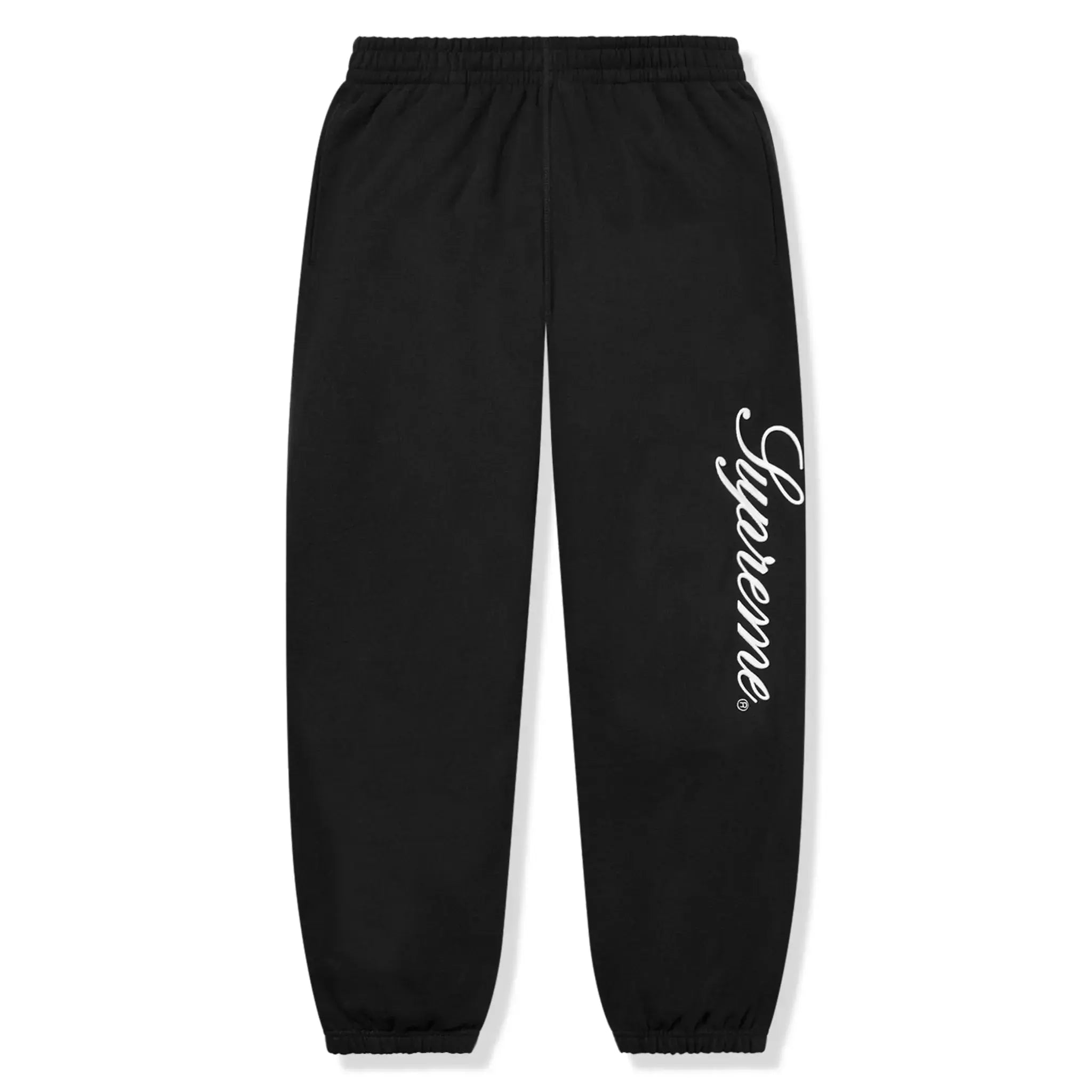 Pants front view of Supreme Raised Script Black Sweatpants & Hoodie 