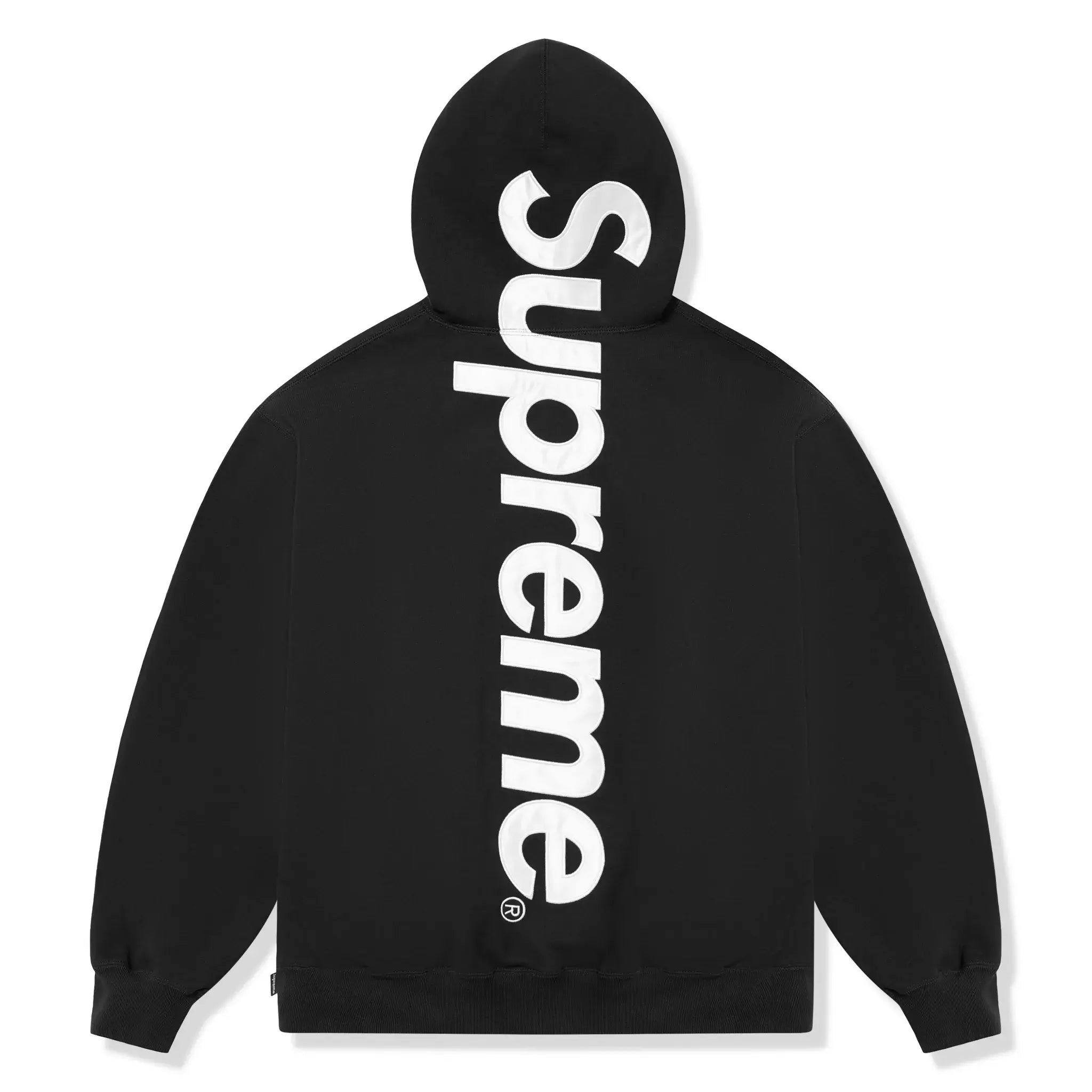 Back view of Supreme Satin Applique Black Hoodie (FW24) FW24SW37 BLACK