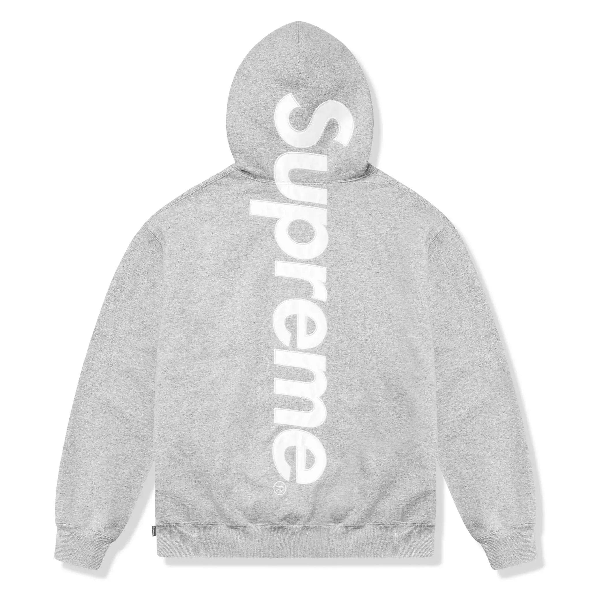 Back view of Supreme Satin Applique Heather Grey Hoodie (FW24) FW24SW37 HEATHER GREY