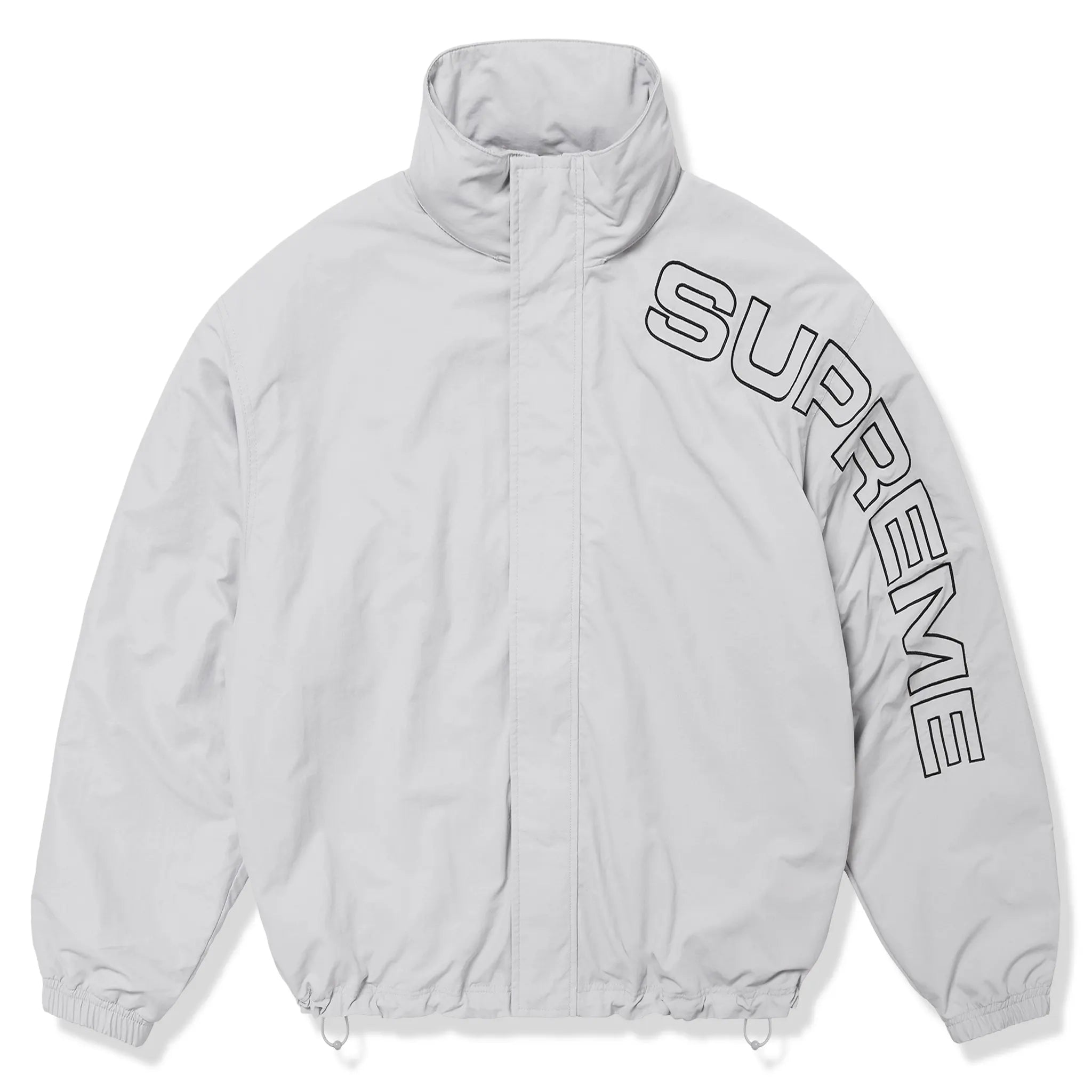 Front view of Supreme Spellout Embroidered Grey Track Jacket (FW24)