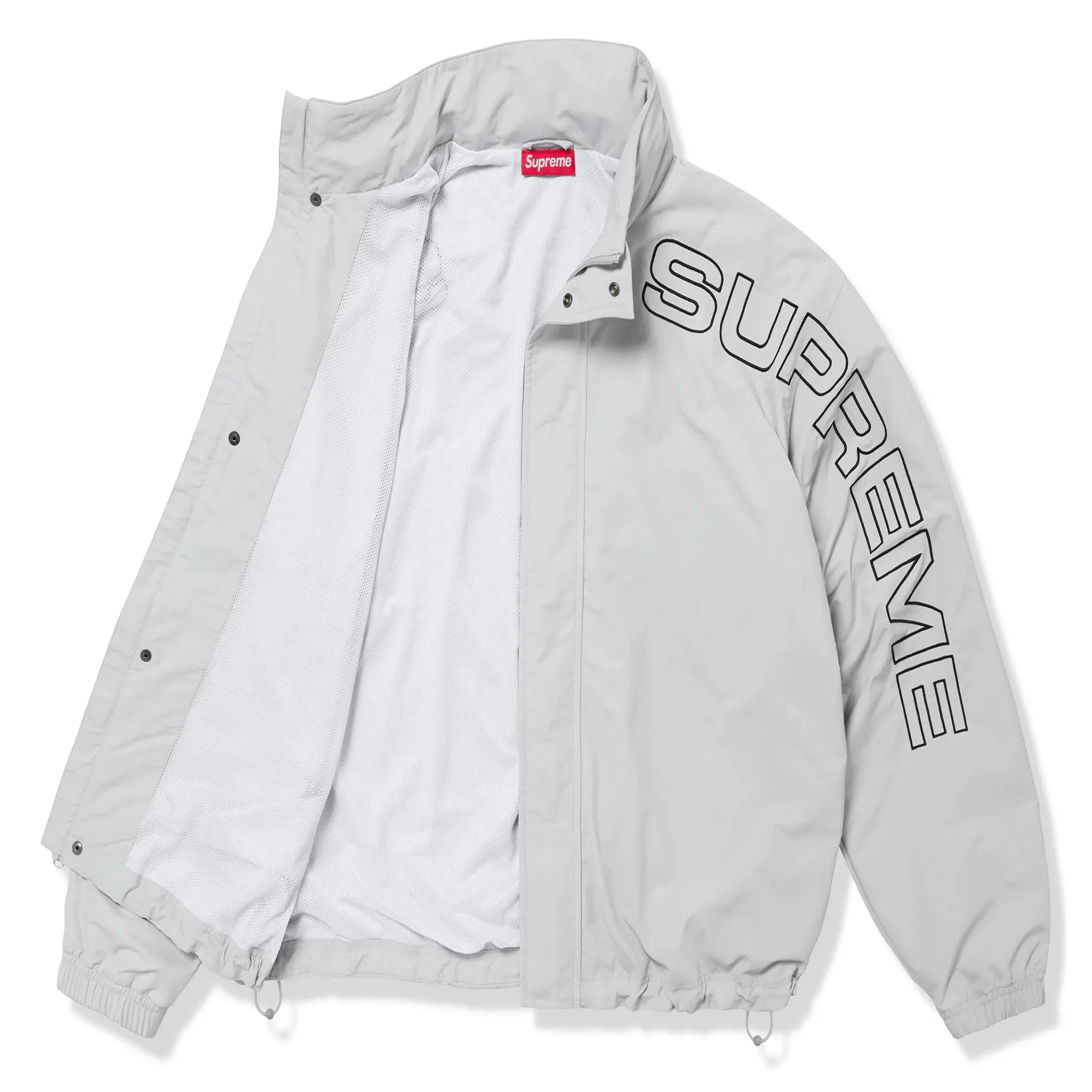 Open view of Supreme Spellout Embroidered Grey Track Jacket (FW24)