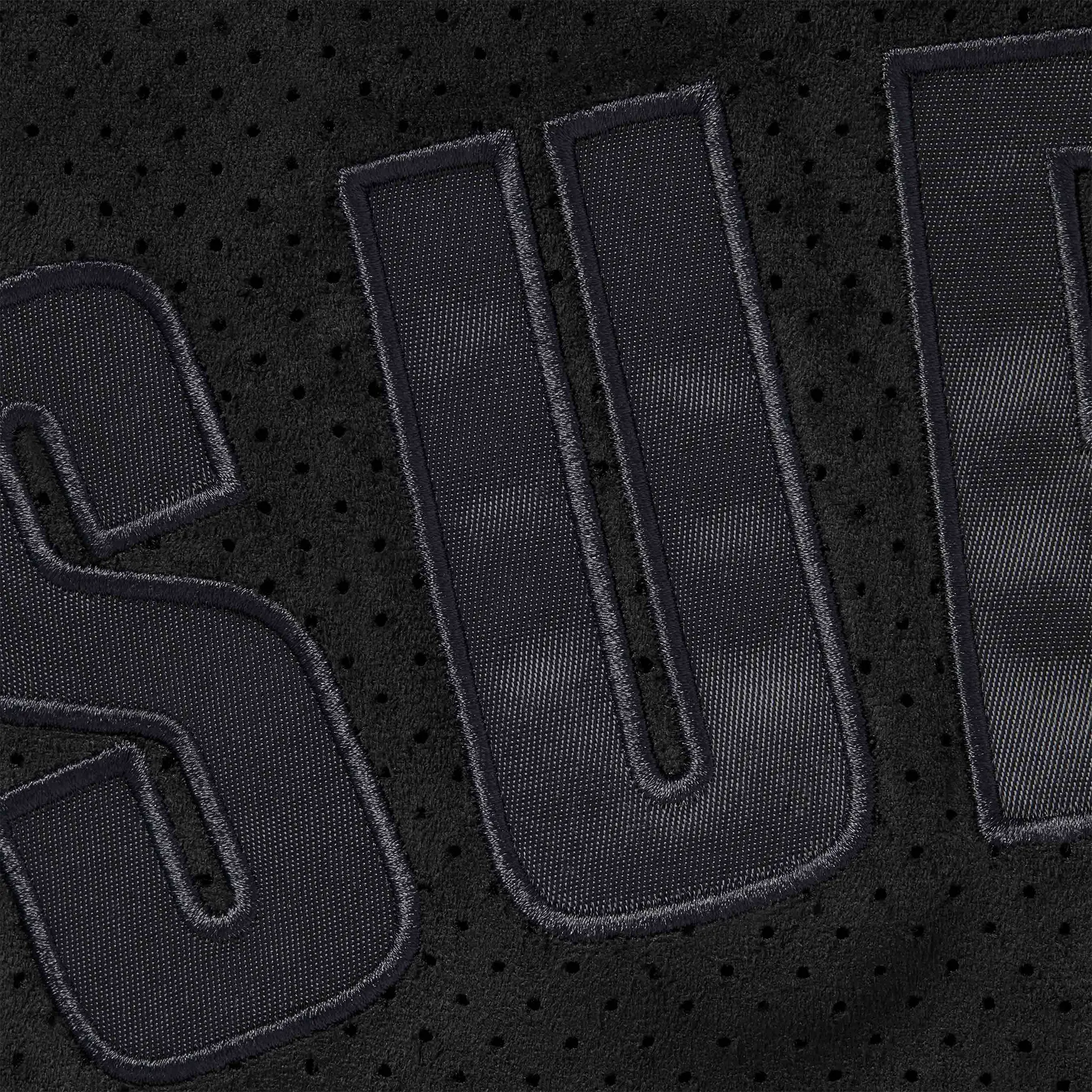 Detail view of Supreme Ultrasuede Mesh Baseball Black Shorts