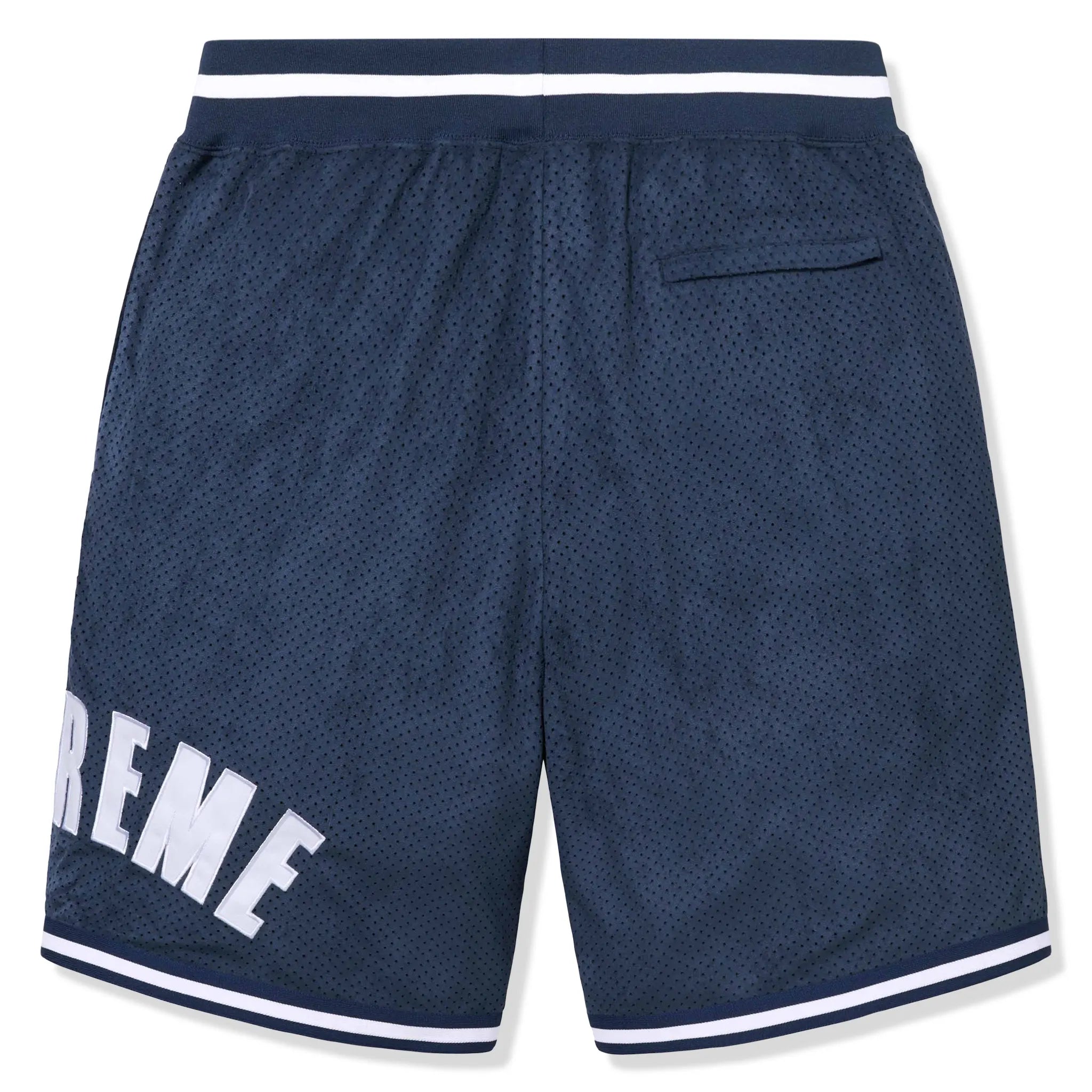 Back view of Supreme Ultrasuede Mesh Baseball Navy Blue Shorts