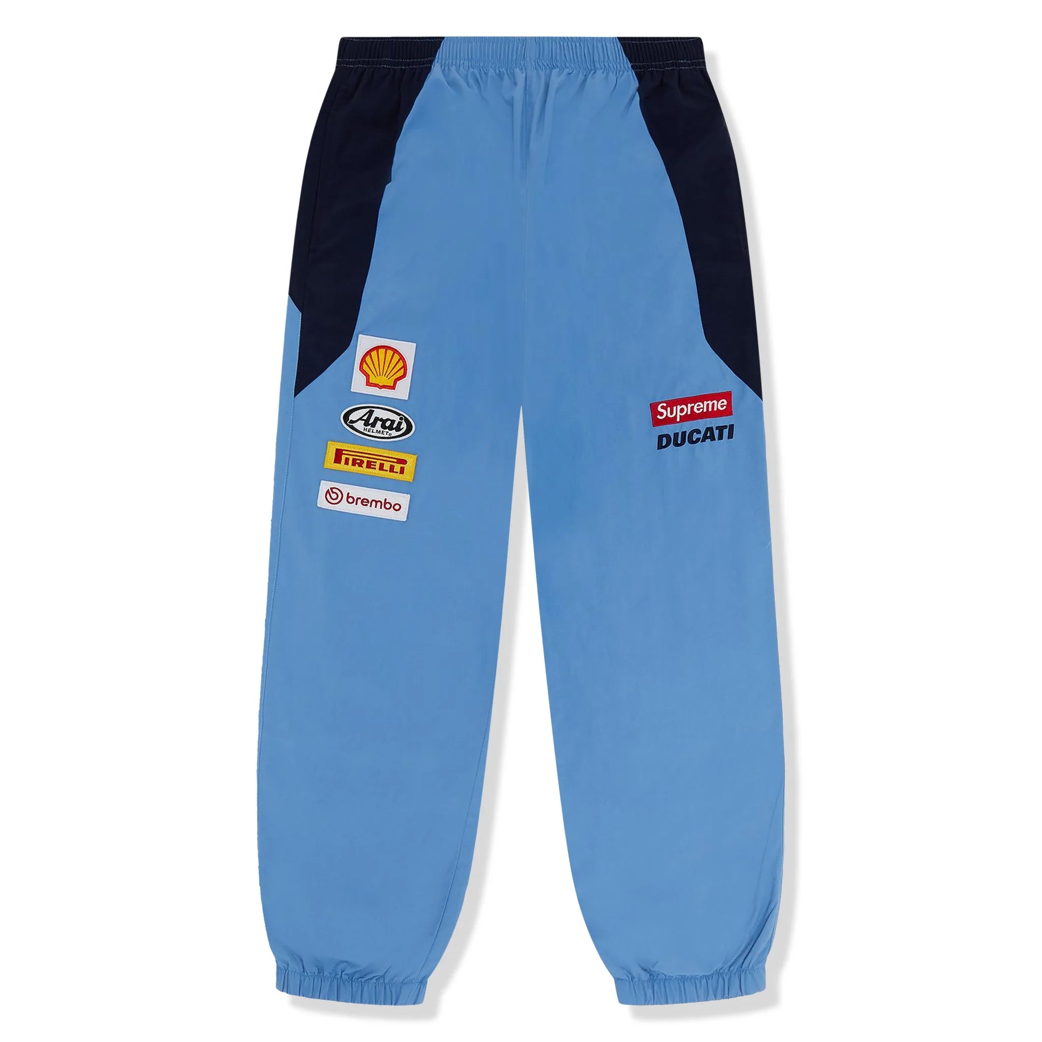 Front view of Supreme x Ducati Light Blue Track Pants