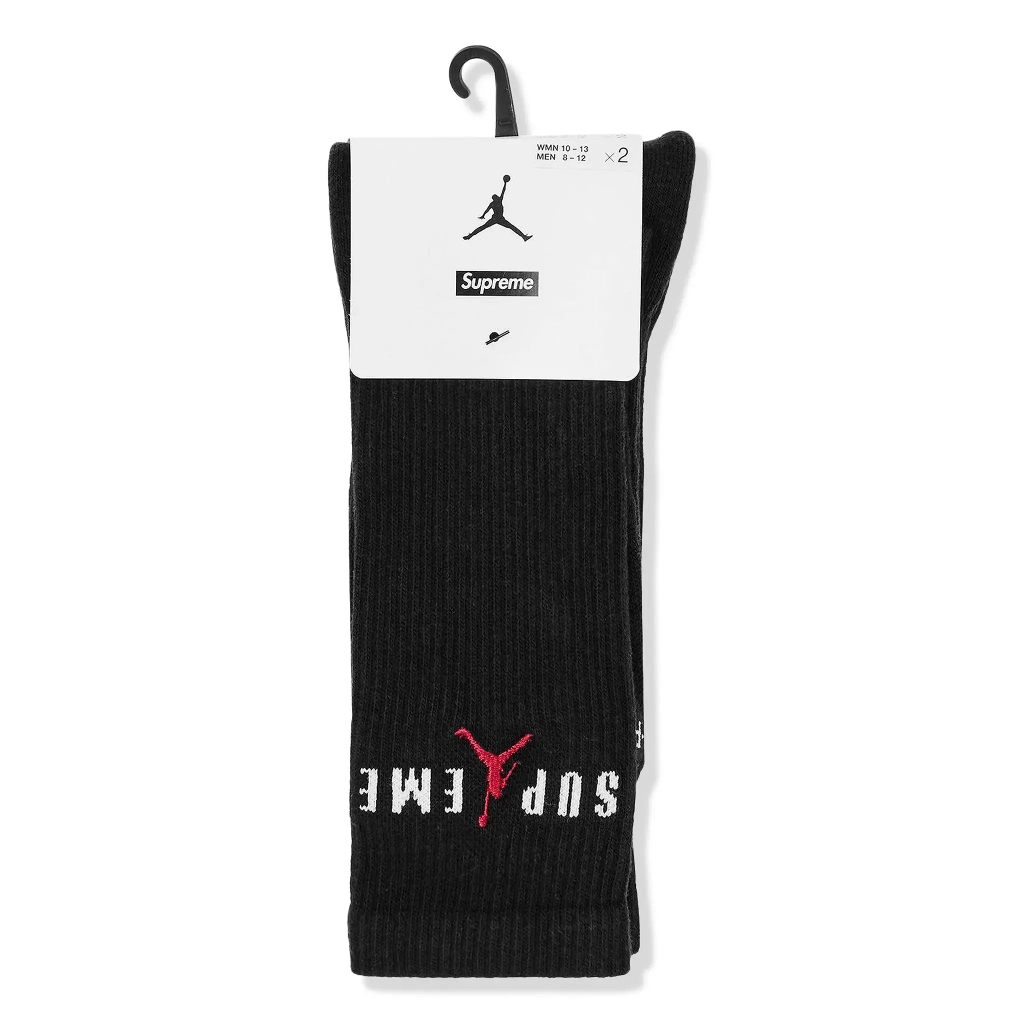 Front view of Supreme x Jordan Black Crew Socks (2 Pack) HF1398-010 | FW24A3 BLACK