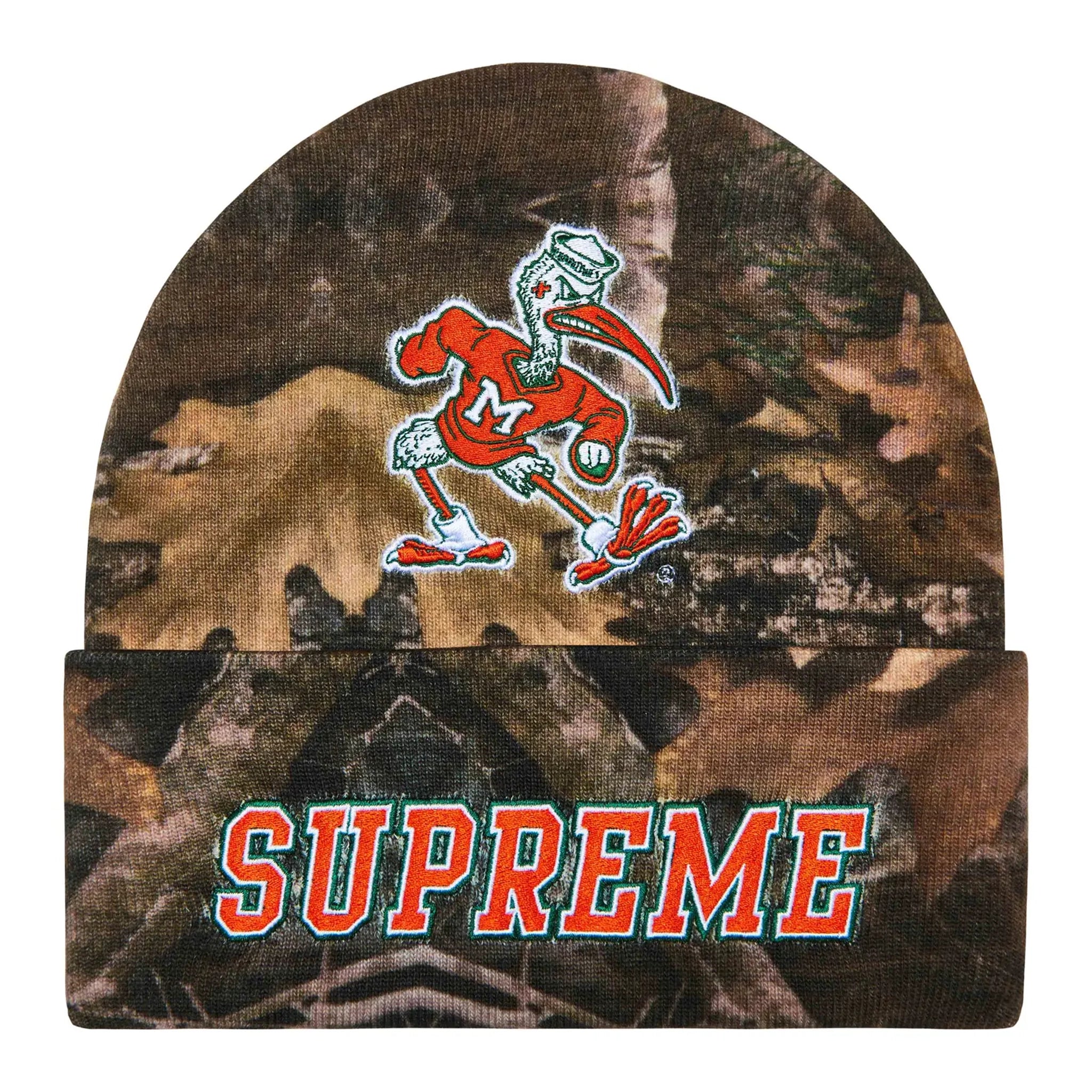 Front view of Supreme x Mitchell & Ness NCAA TrueTimber Kanati Camo Beanie