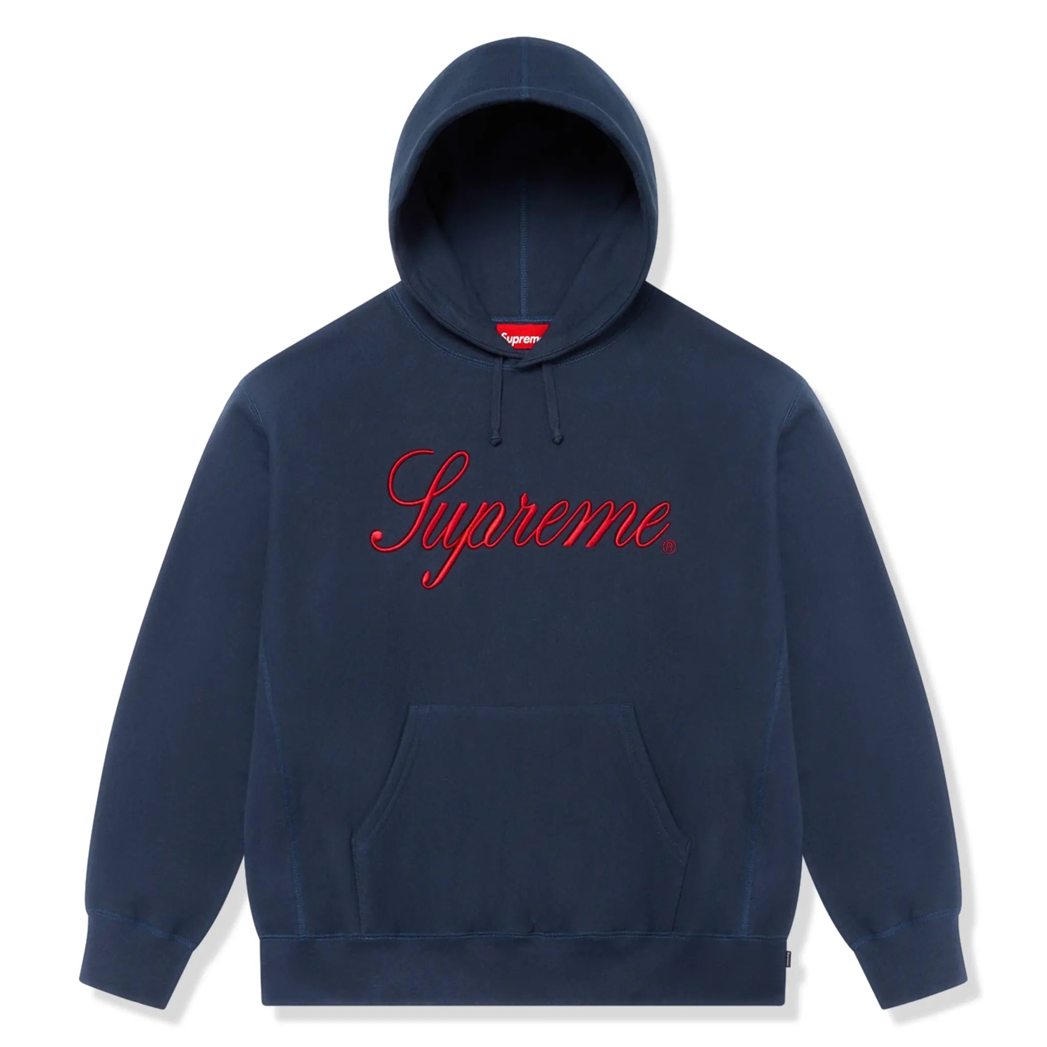 Front view of Supreme Raised Script Navy Sweatpants & Hoodie FW24T43 NAVY