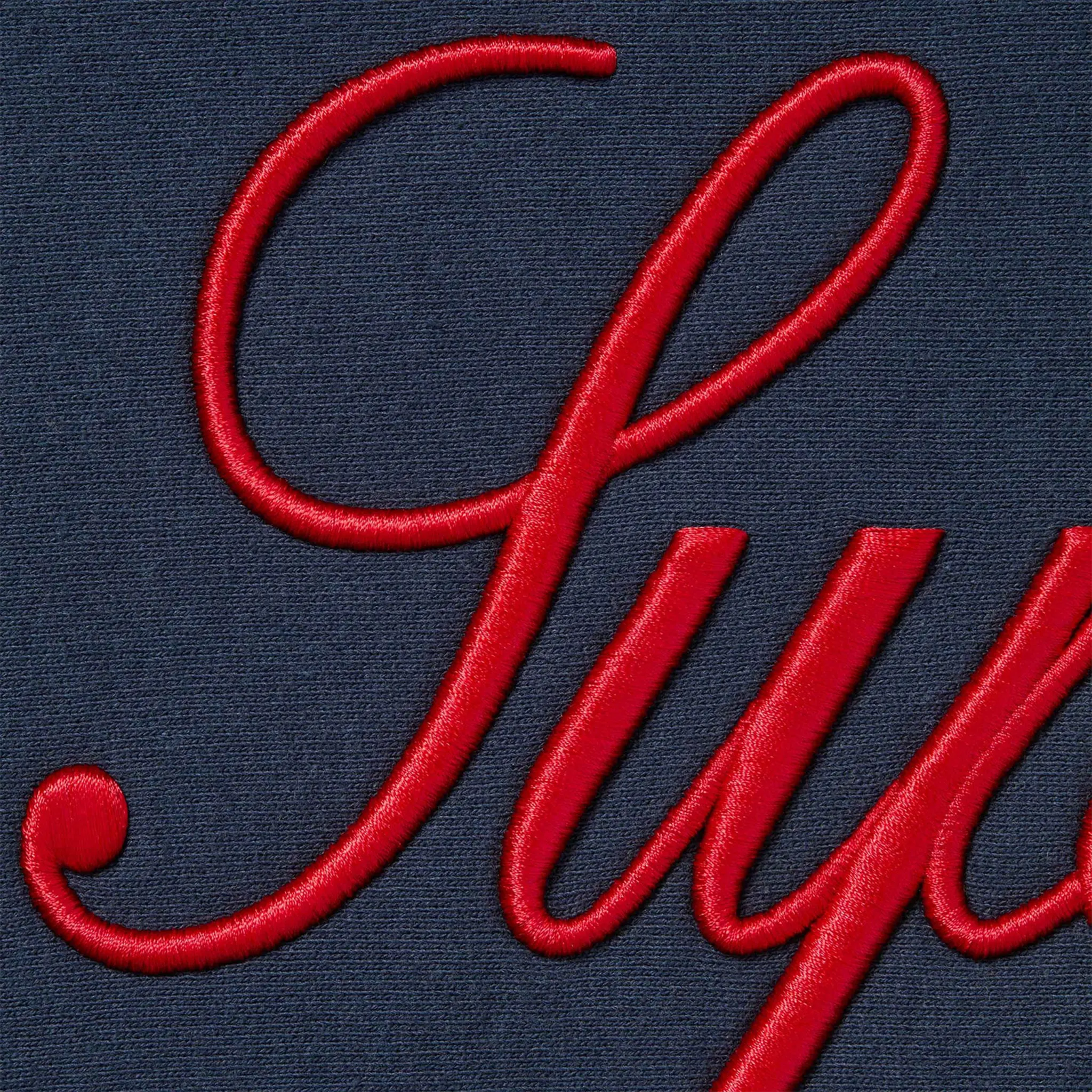 Detail view of Supreme Raised Script Navy Sweatpants & Hoodie FW24T43 NAVY