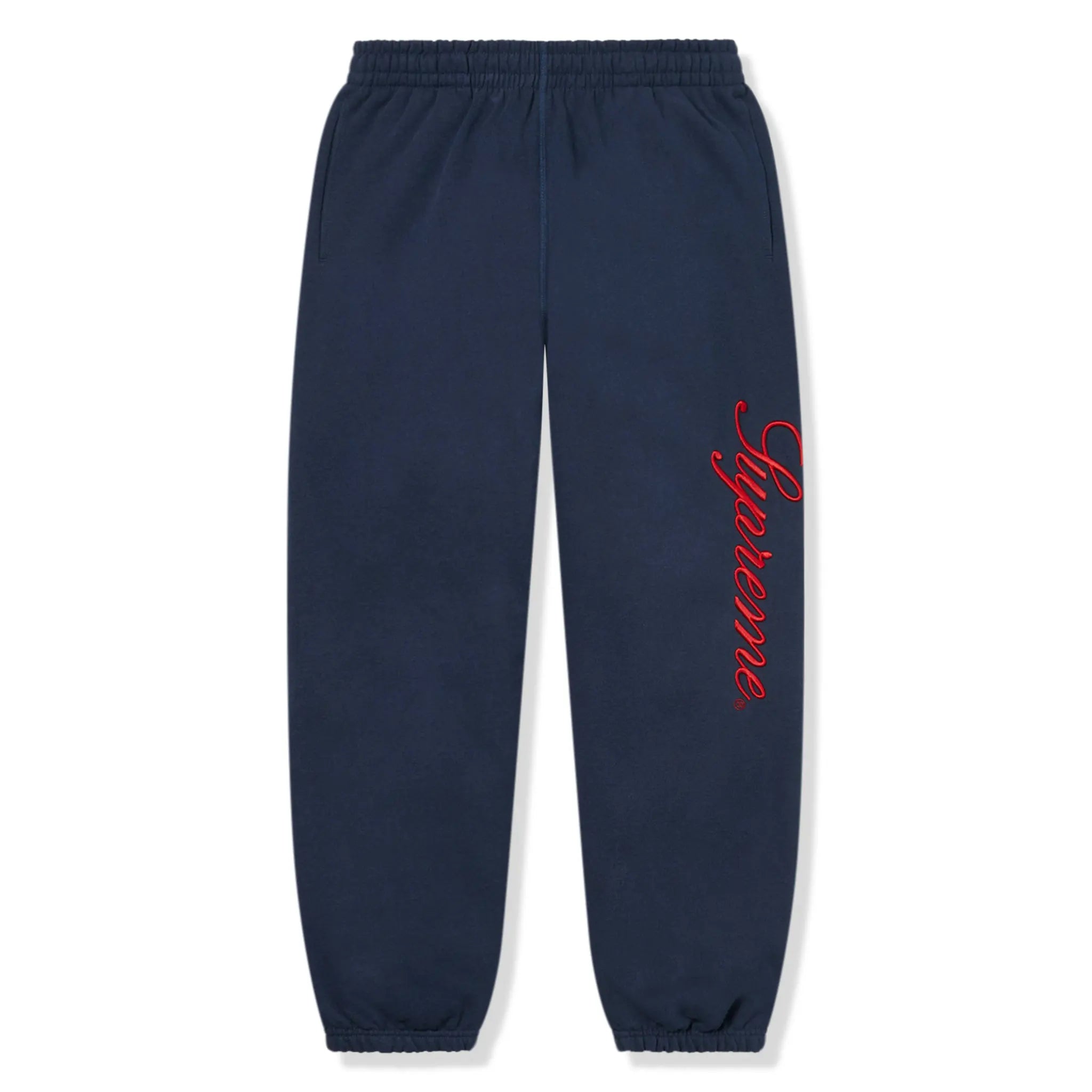 Front view of Supreme Raised Script Navy Sweatpants & Hoodie FW24T43 NAVY