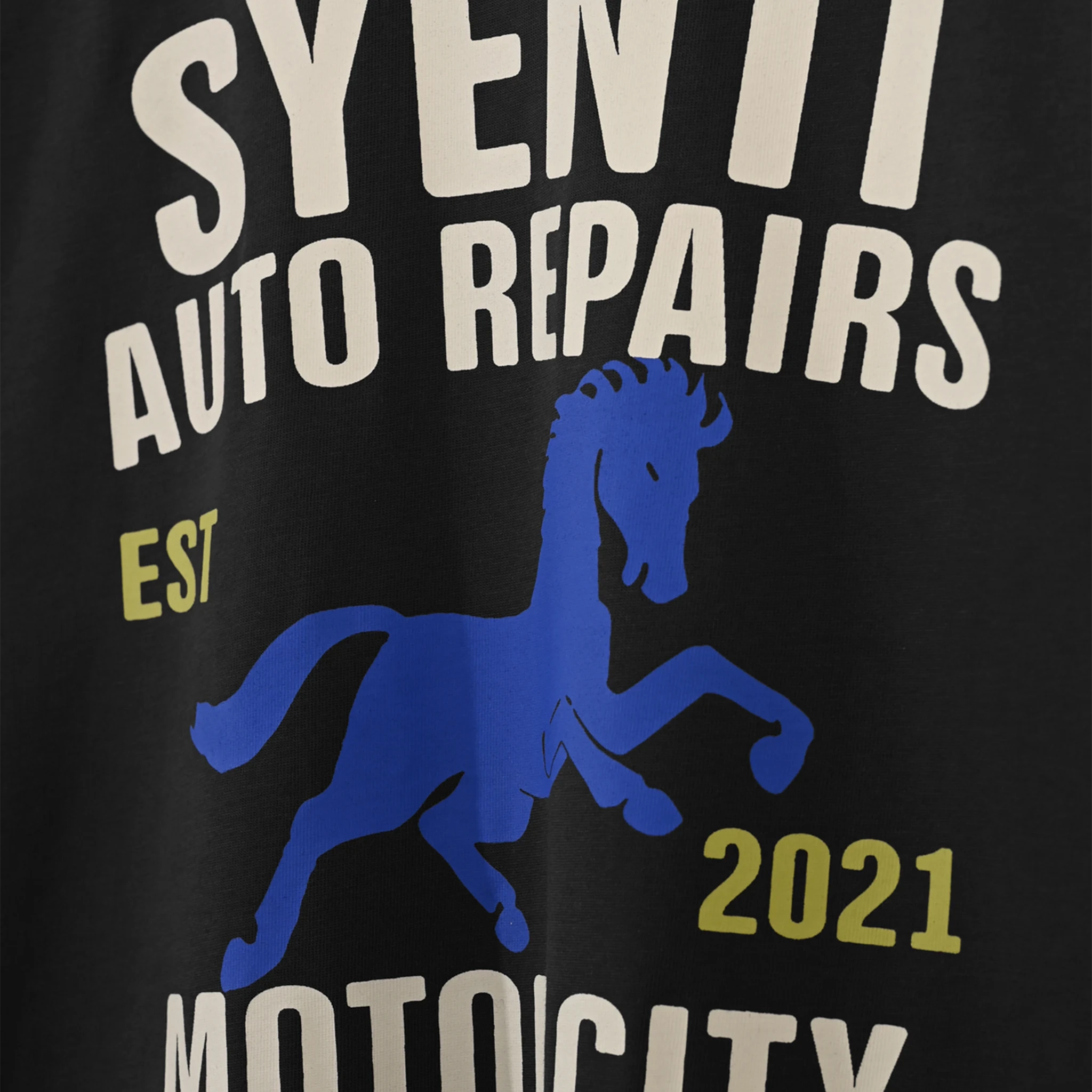 Logo front view of Syenti Motor City Long-Sleeved Dark Grey T Shirt 