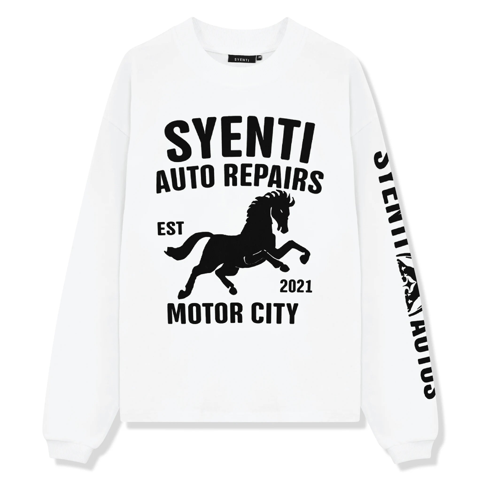 Front view of Syenti Motor City Long-Sleeved Off White T Shirt