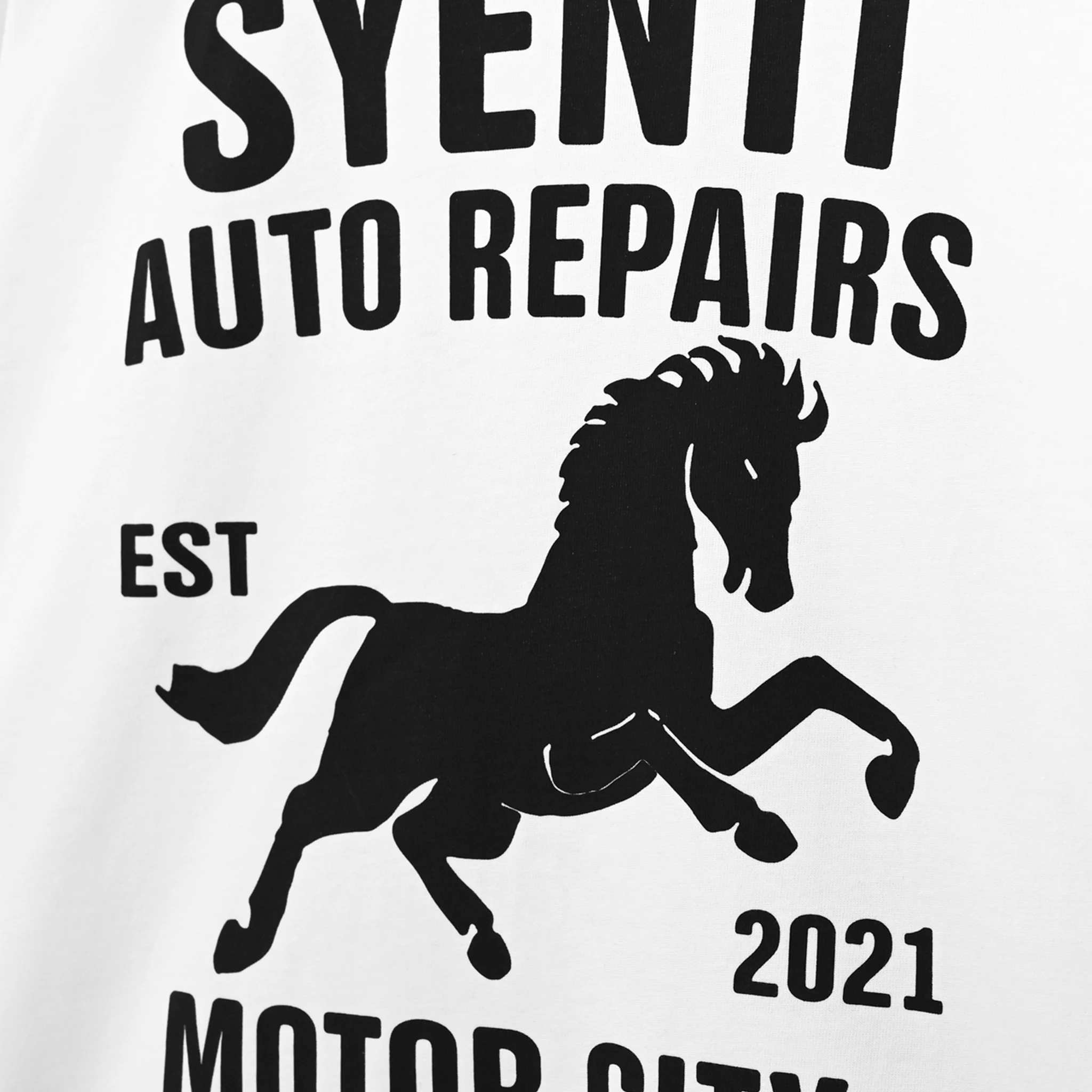 Front view of Syenti Motor City Long-Sleeved Off White T Shirt