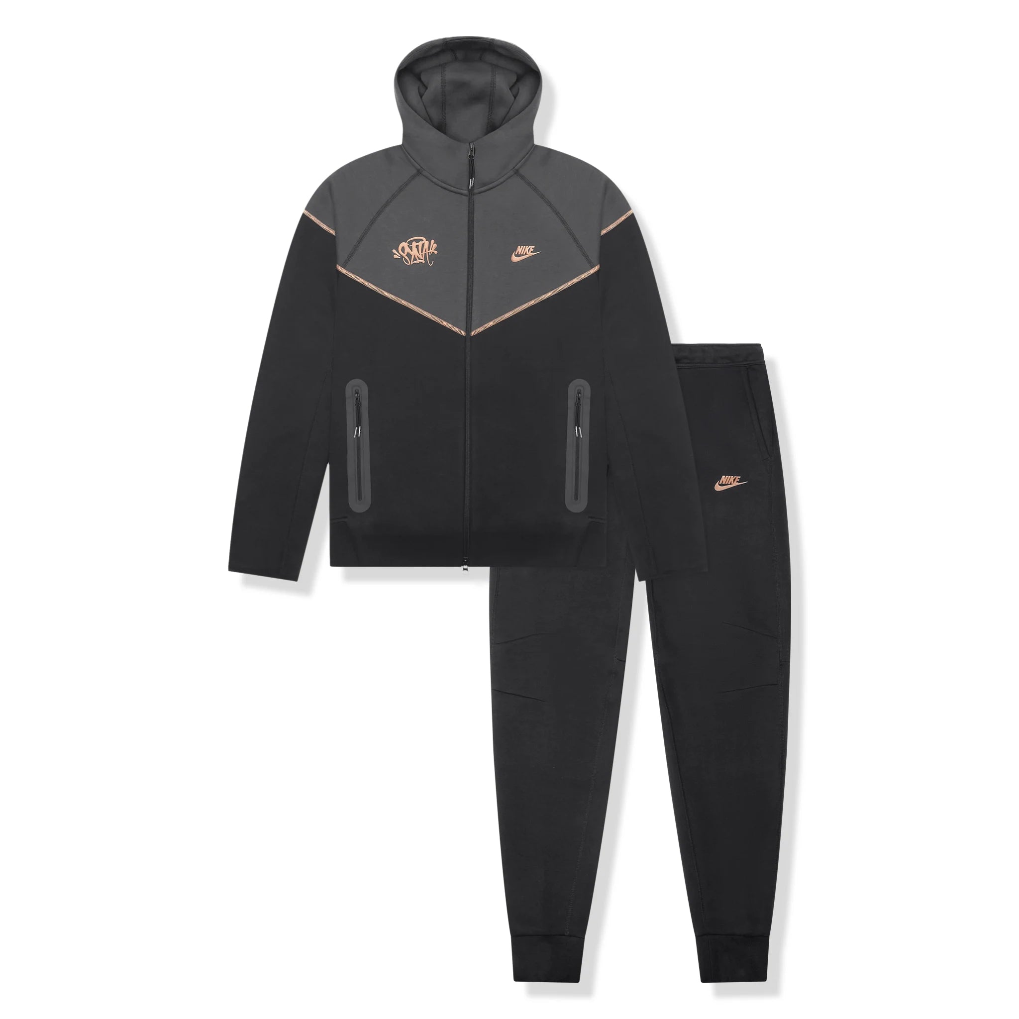 Front view of Syna World x Nike Central Cee Tech Fleece Black Tracksuit HQ3748-010 | HQ3749-010