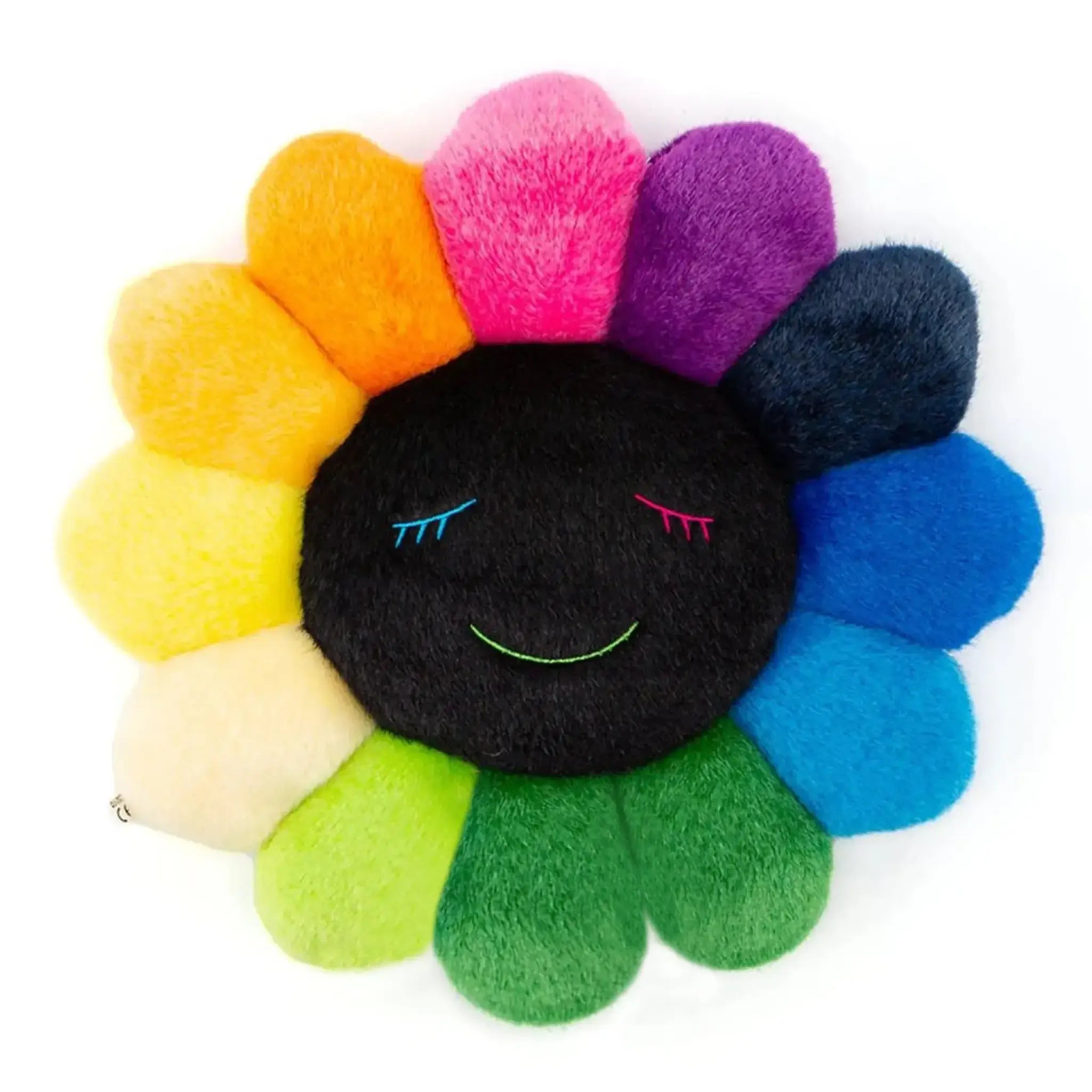 Front view of Takashi Murakami Kaikai Kiki Flower Plush Rainbow Black 