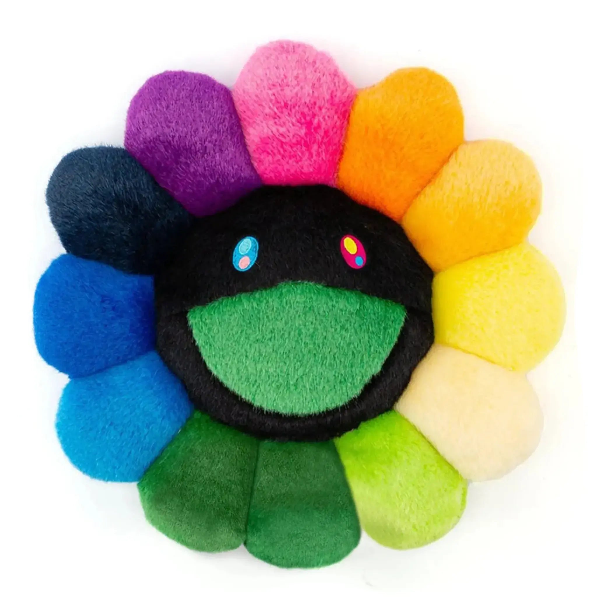 Front view of Takashi Murakami Kaikai Kiki Flower Plush Rainbow Black 