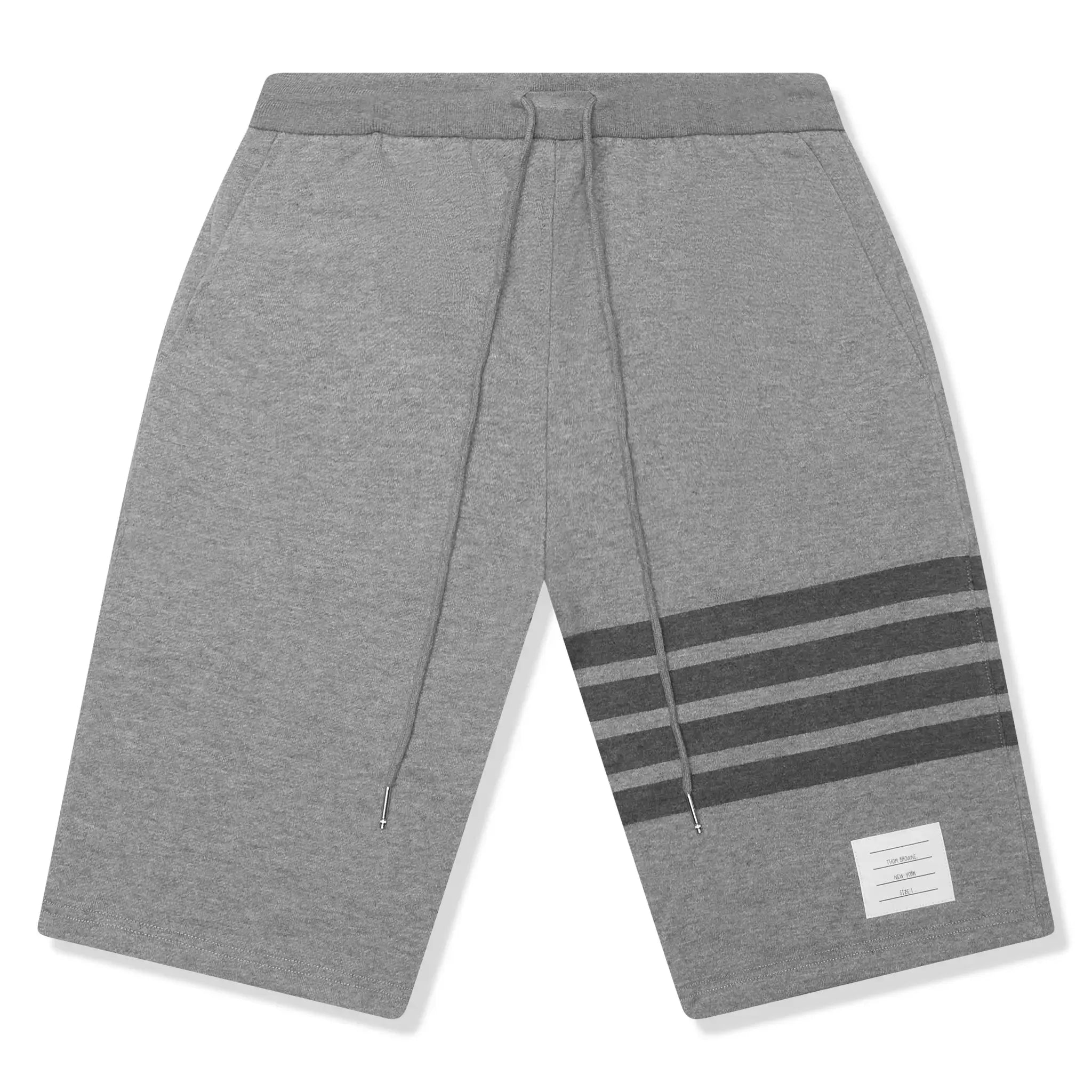 Front view of Thom Browne Classic Loopback 4-Bar Grey Sweat Shorts MJQ012H-00535-068