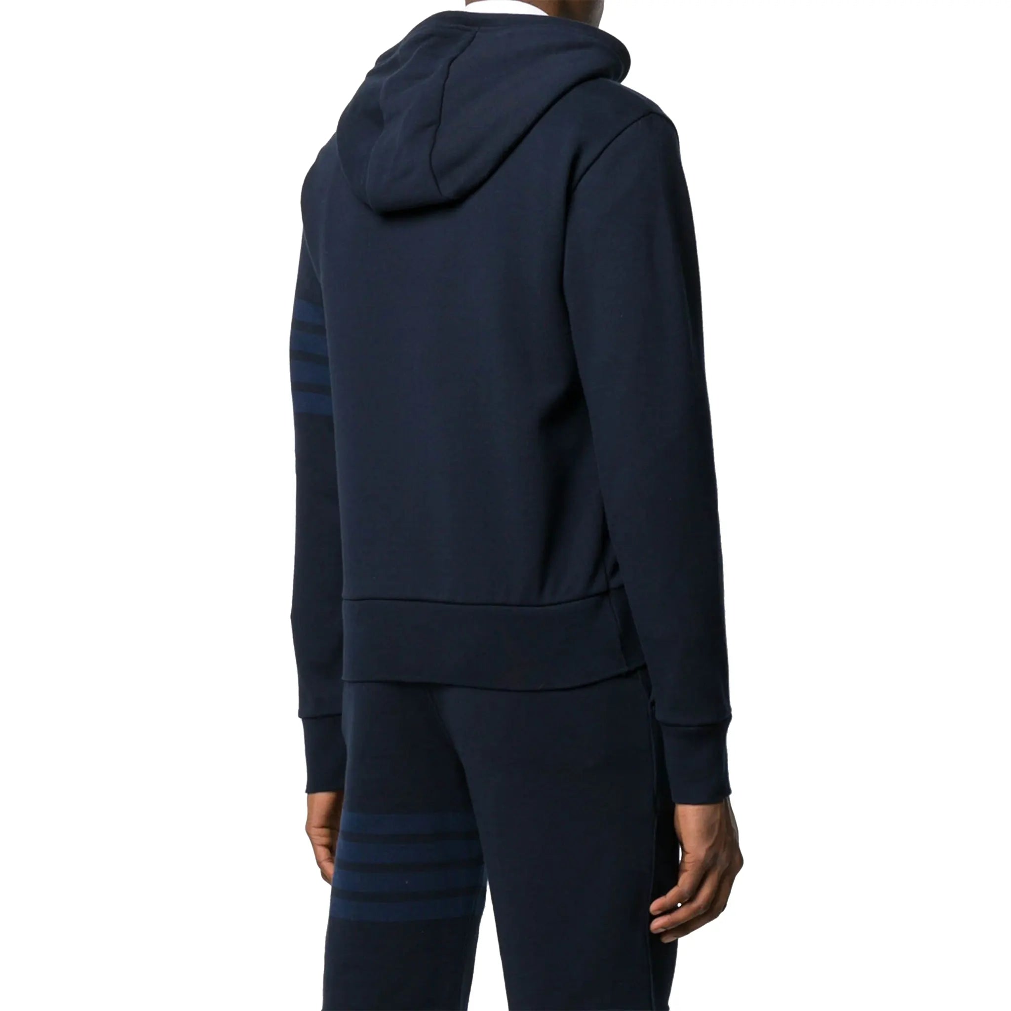 Back view of Thom Browne Classic Loopback 4 Bar Tonal Full Zip Blue Hoodie MJT249A-06910-415