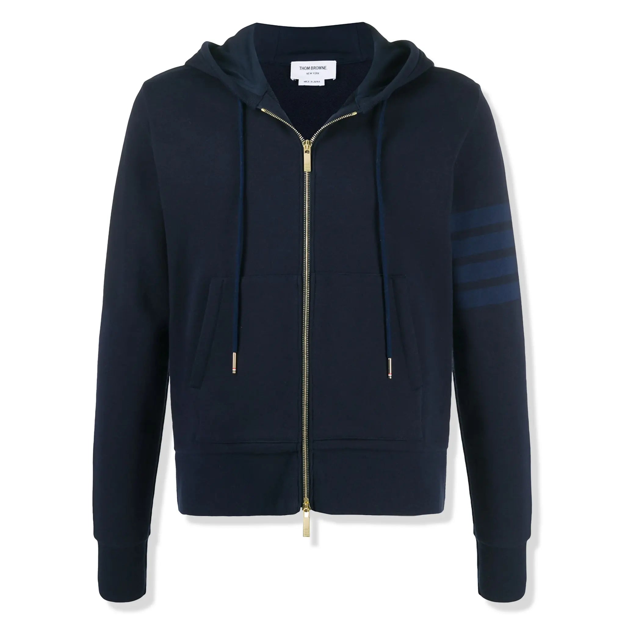 Front view of Thom Browne Classic Loopback 4 Bar Tonal Full Zip Blue Hoodie MJT249A-06910-415