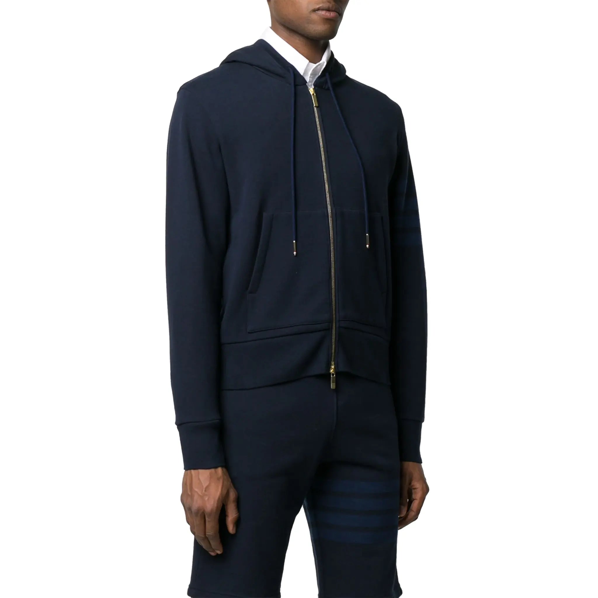 Side view of Thom Browne Classic Loopback 4 Bar Tonal Full Zip Blue Hoodie MJT249A-06910-415