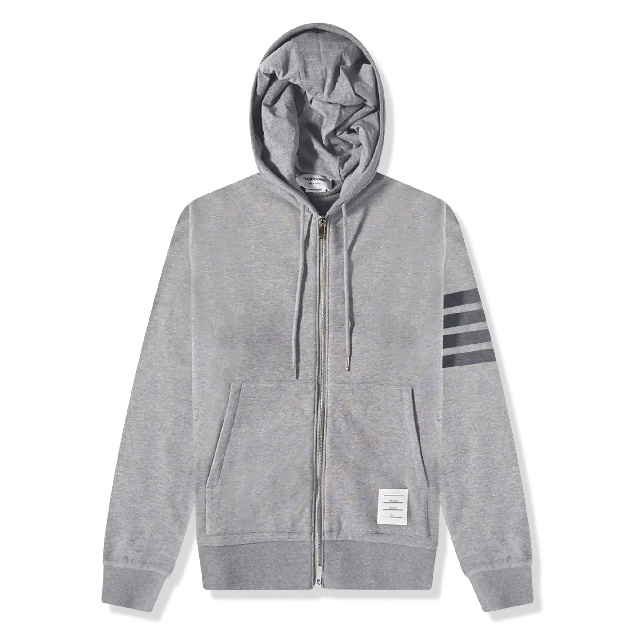 Front view of Thom Browne Classic Loopback 4 Bar Tonal Full Zip Medium Grey Hoodie MJT249A-06910-035