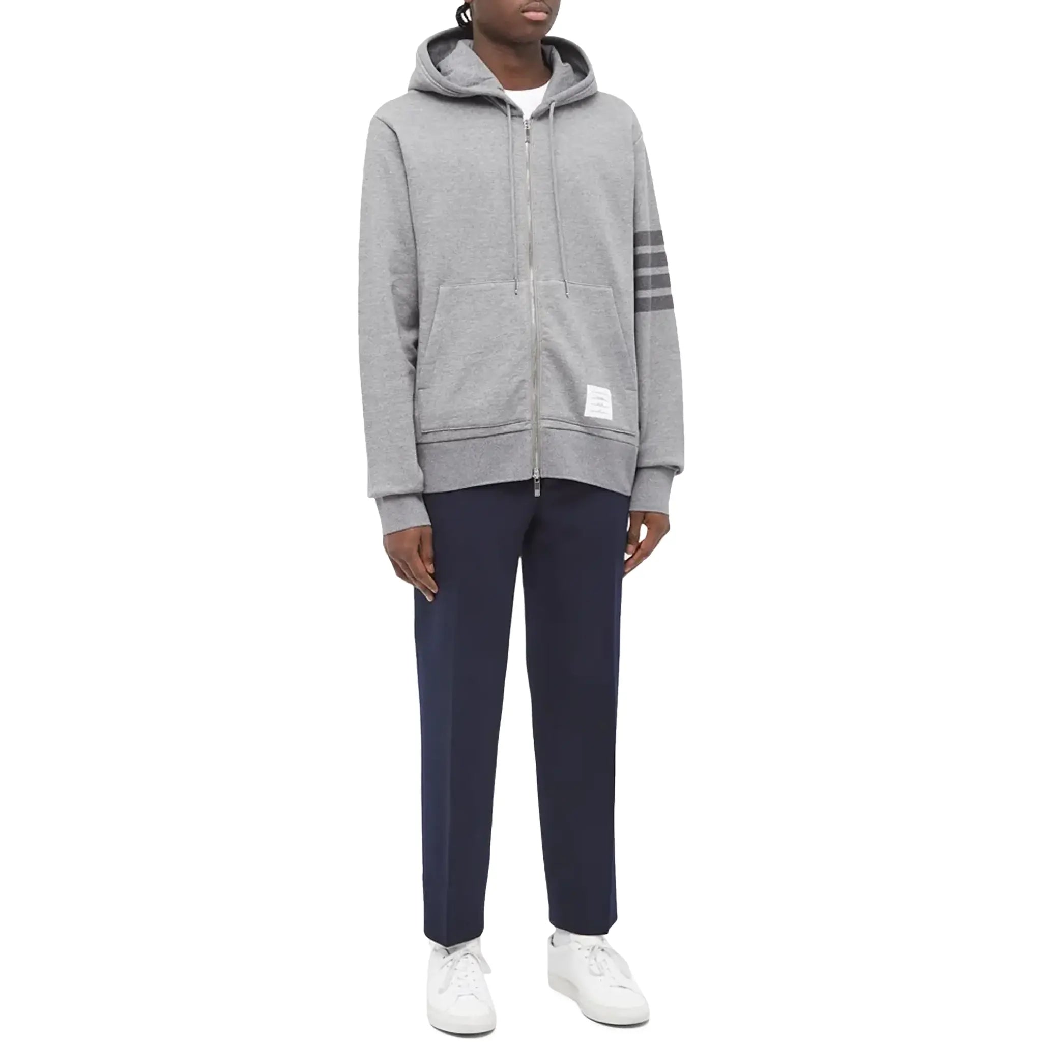 Model view of Thom Browne Classic Loopback 4 Bar Tonal Full Zip Medium Grey Hoodie MJT249A-06910-035