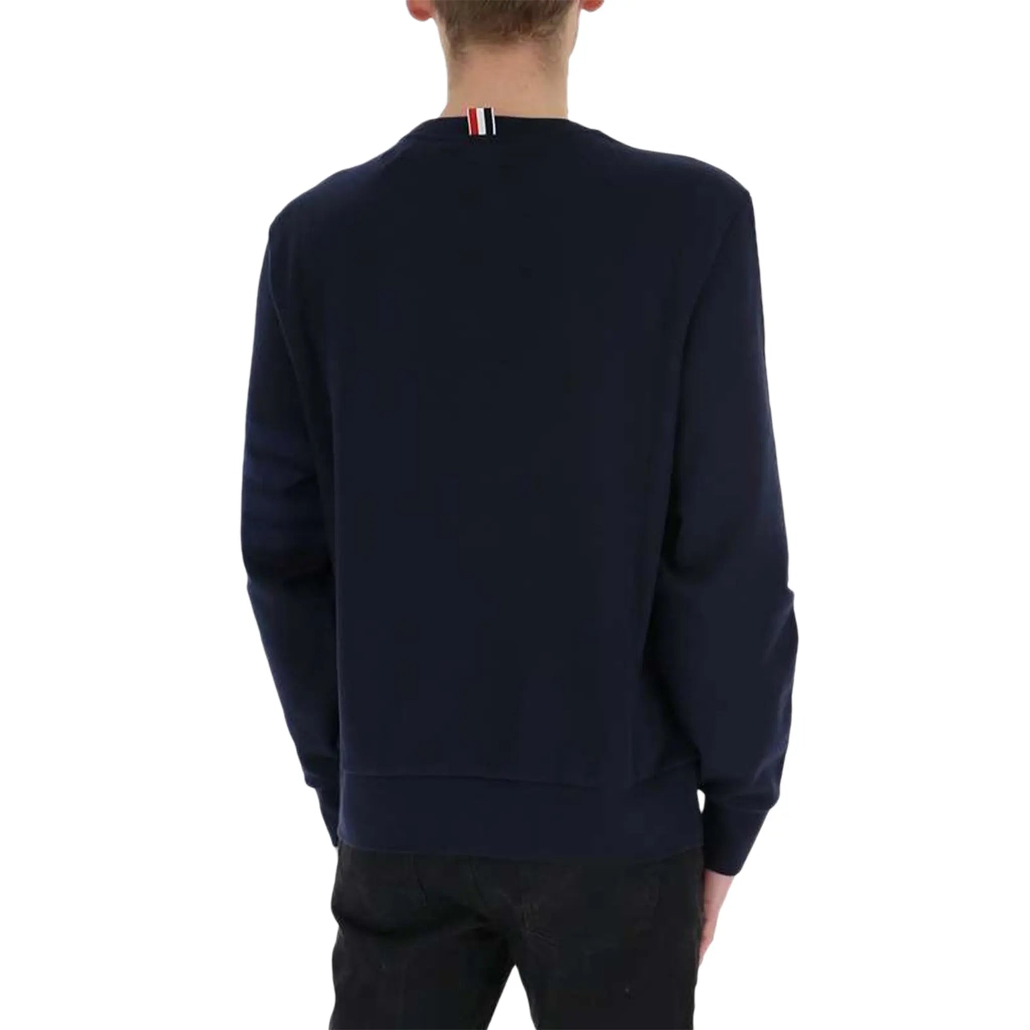 Back view of Thom Browne Classic Loopback 4 Bar Tonal Relaxed Navy Blue Sweatshirt MJT248A-06910-415