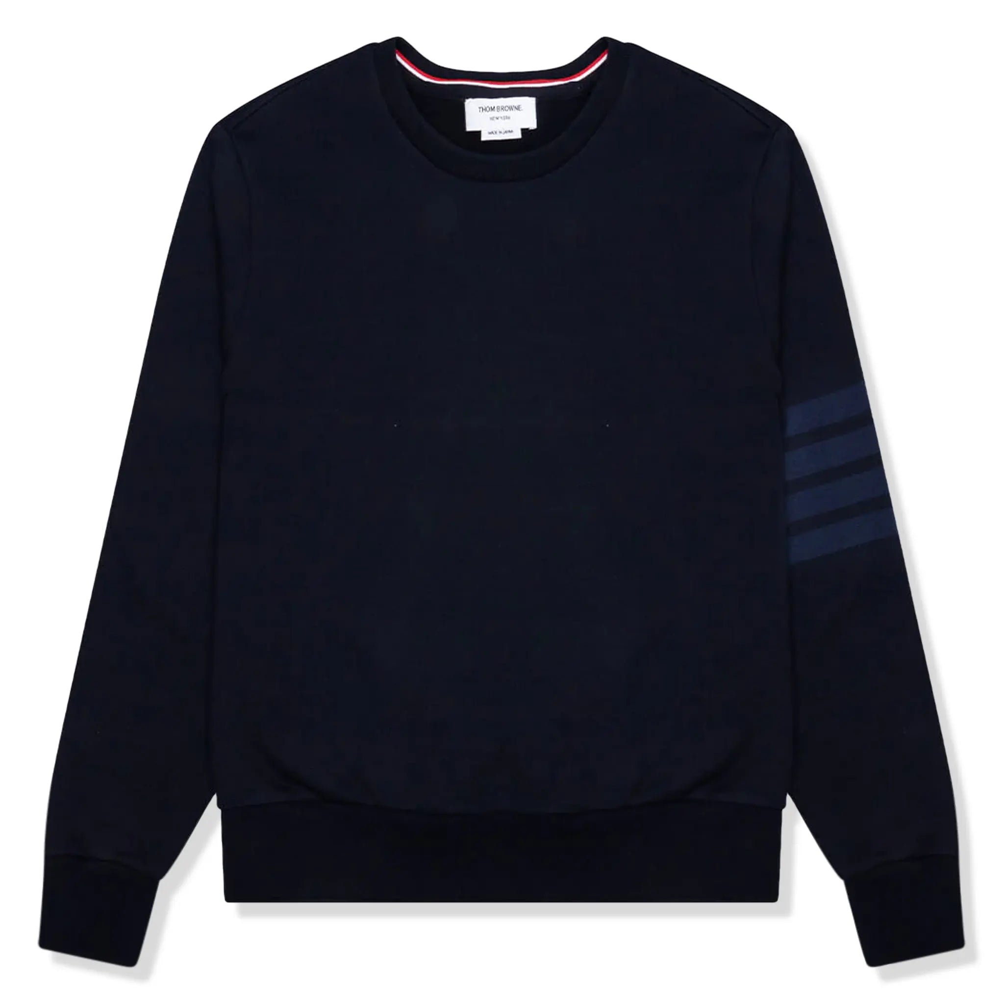 Front view of Thom Browne Classic Loopback 4 Bar Tonal Relaxed Navy Blue Sweatshirt MJT248A-06910-415