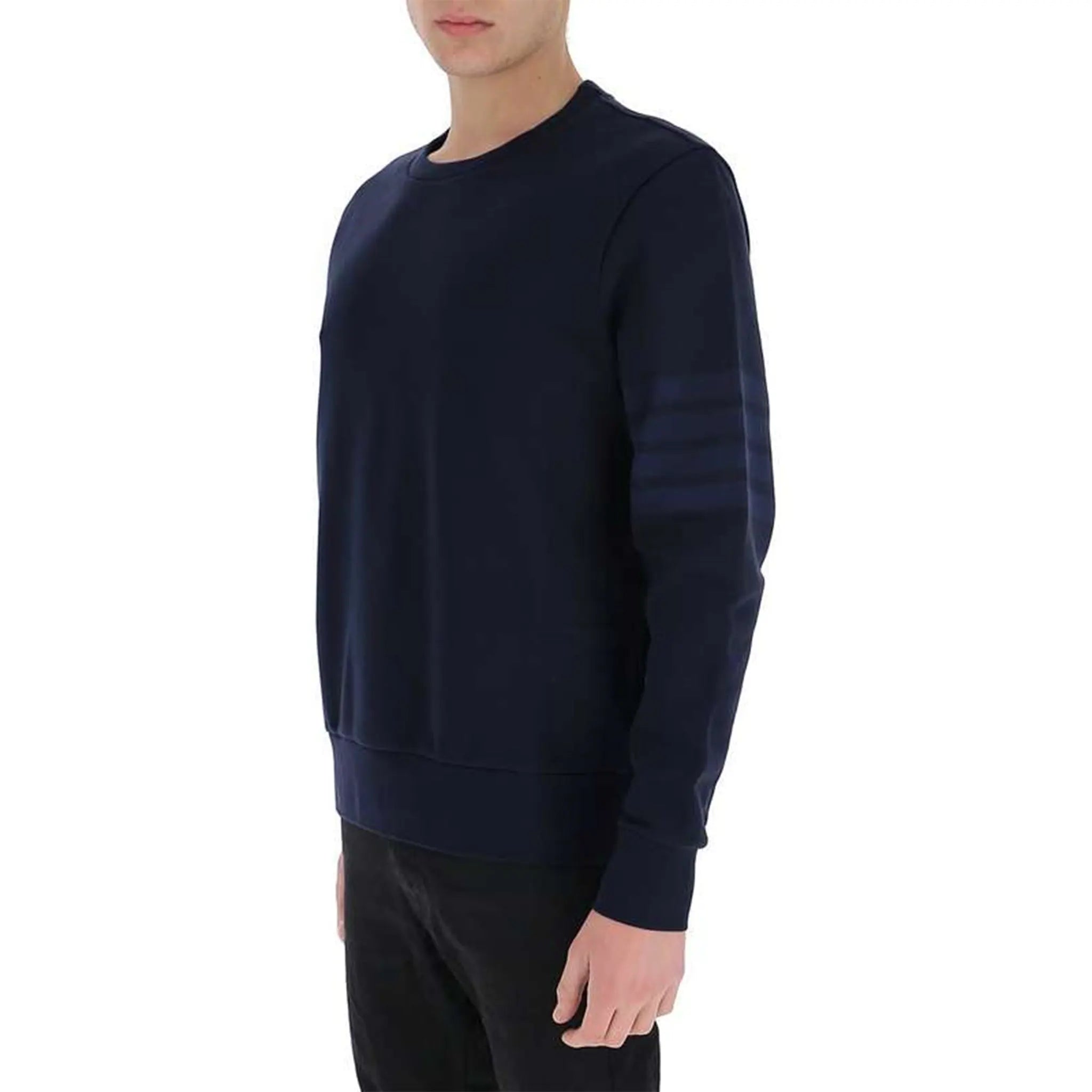 Side view of Thom Browne Classic Loopback 4 Bar Tonal Relaxed Navy Blue Sweatshirt MJT248A-06910-415