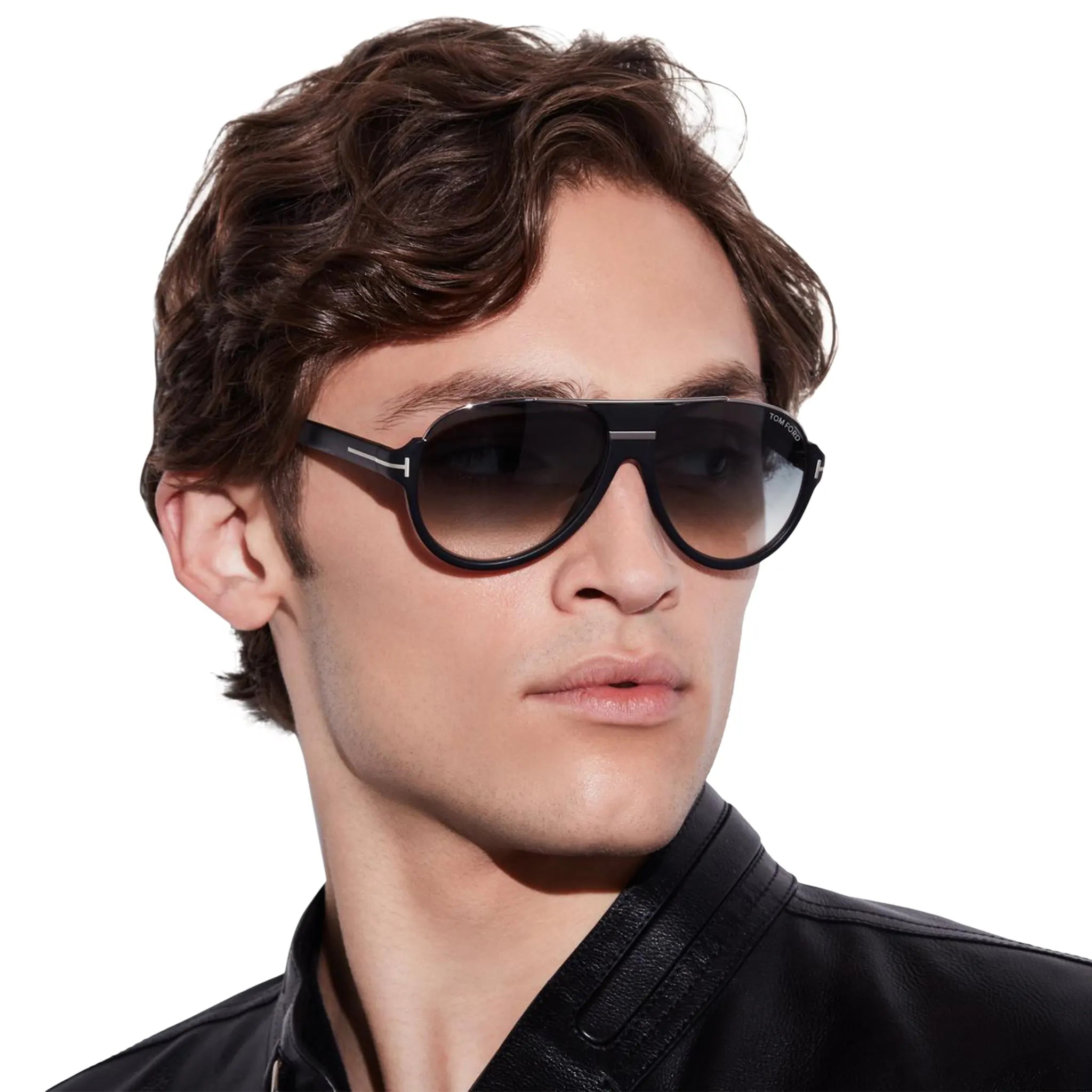 Model side view of Tom Ford Dimitry FT0334 02W 59 Black Blue Sunglasses