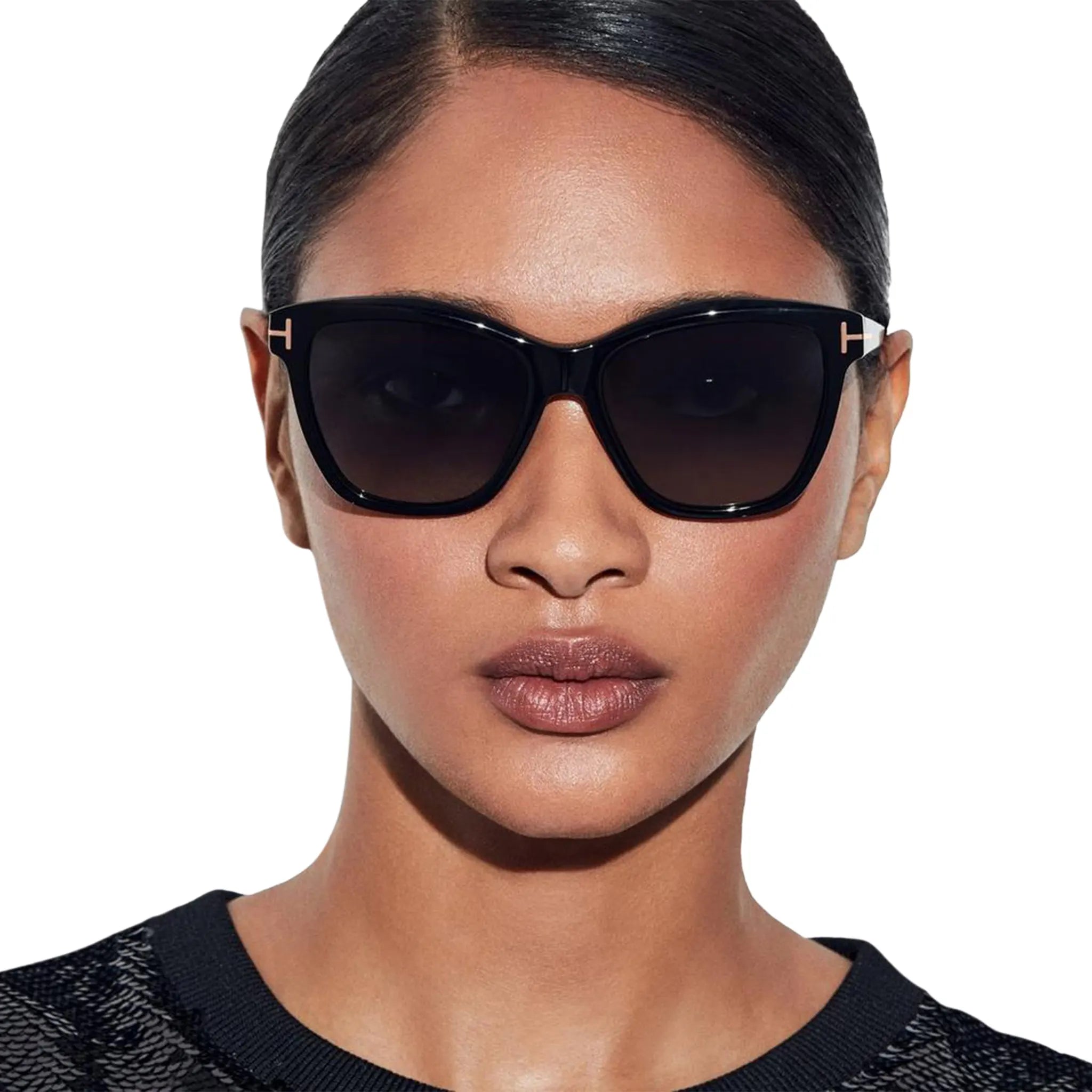 Model front view of Tom Ford Lucia FT1087 05D Black Polarised Sunglasses