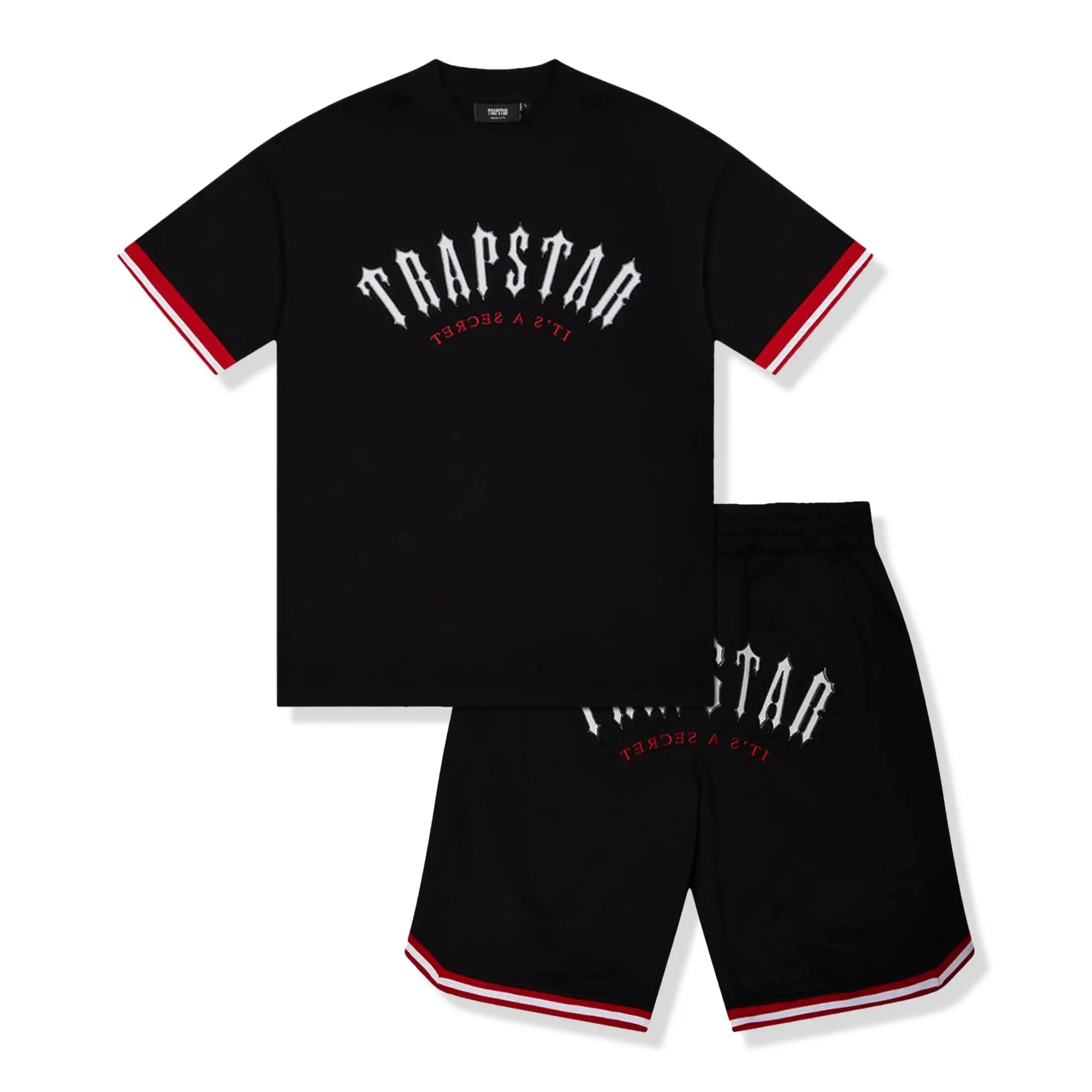 Front view of Trapstar Arch Mesh Black T Shirt & Shorts