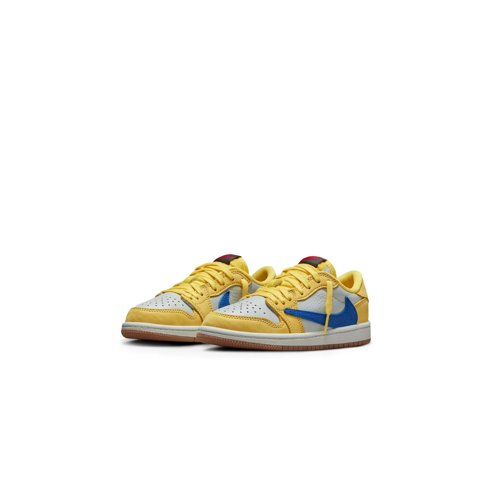 Front side View of travis scott x air jordan 1 low canary ps dz5909-700