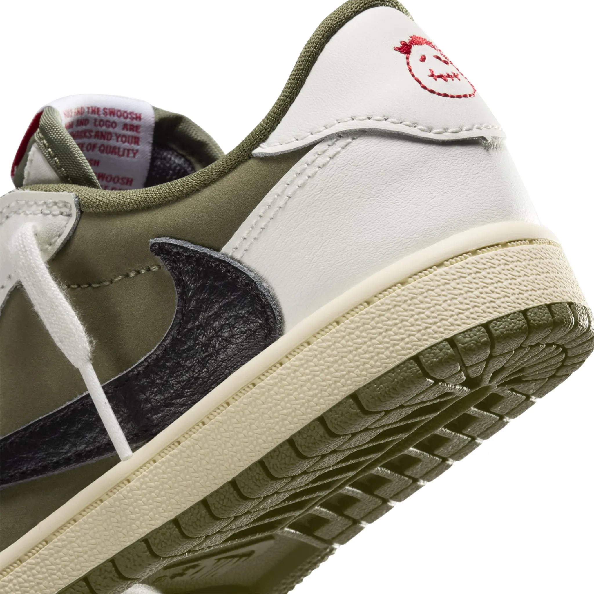 Back detail view of Travis Scott x Air Jordan 1 Low OG Medium Olive (PS) DO5442-200