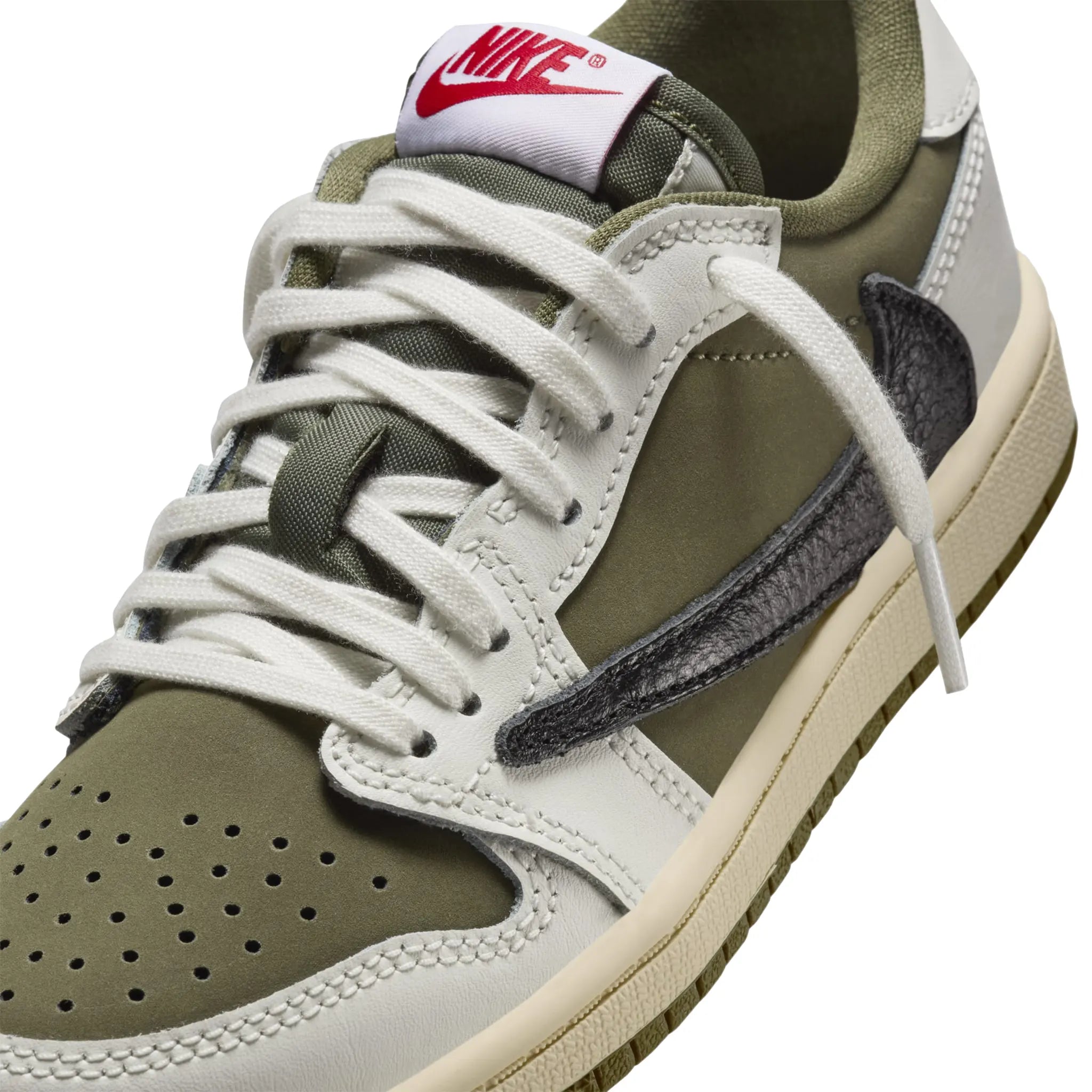 Side detail view of Travis Scott x Air Jordan 1 Low OG Medium Olive (PS) DO5442-200