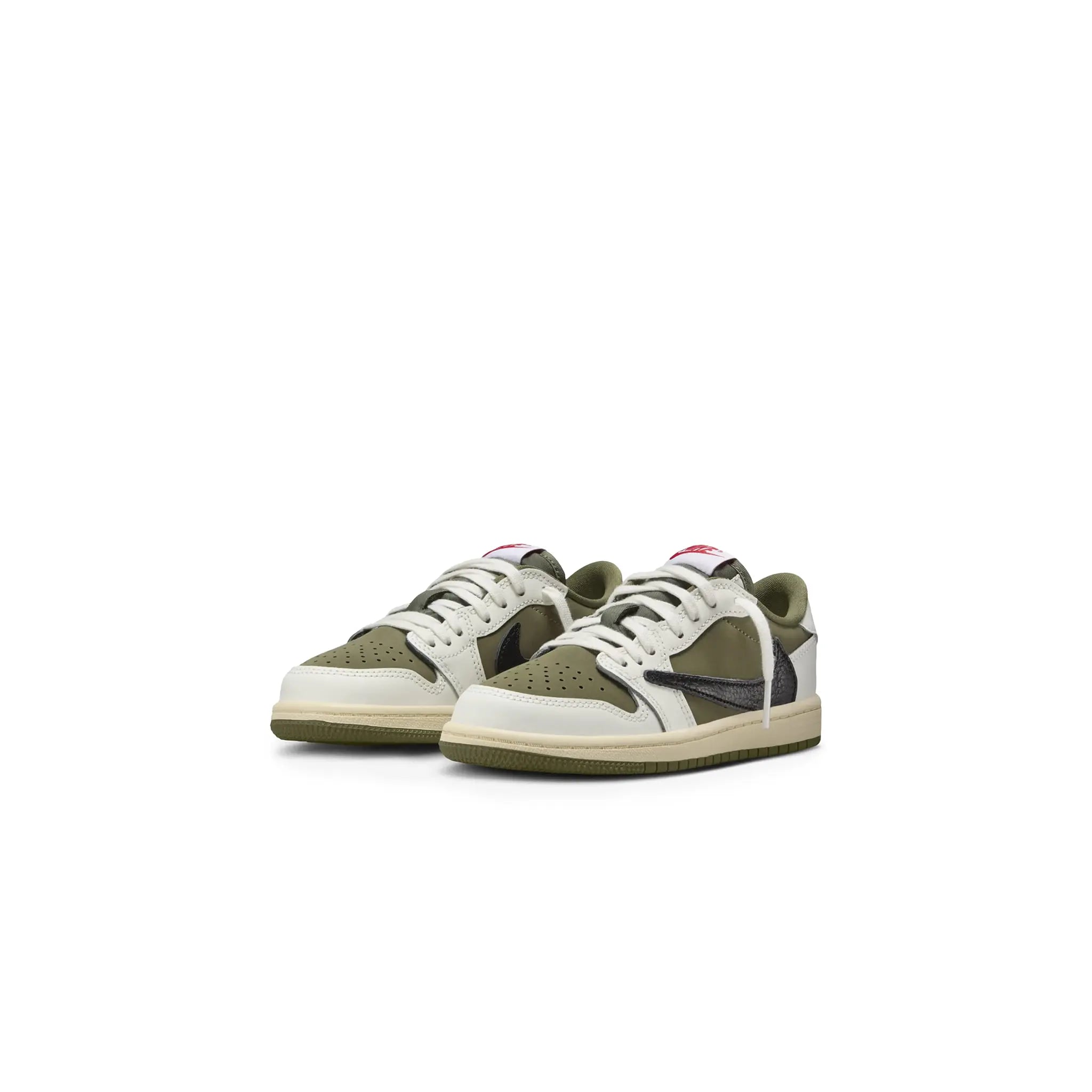 Front side view of Travis Scott x Air Jordan 1 Low OG Medium Olive (PS) DO5442-200