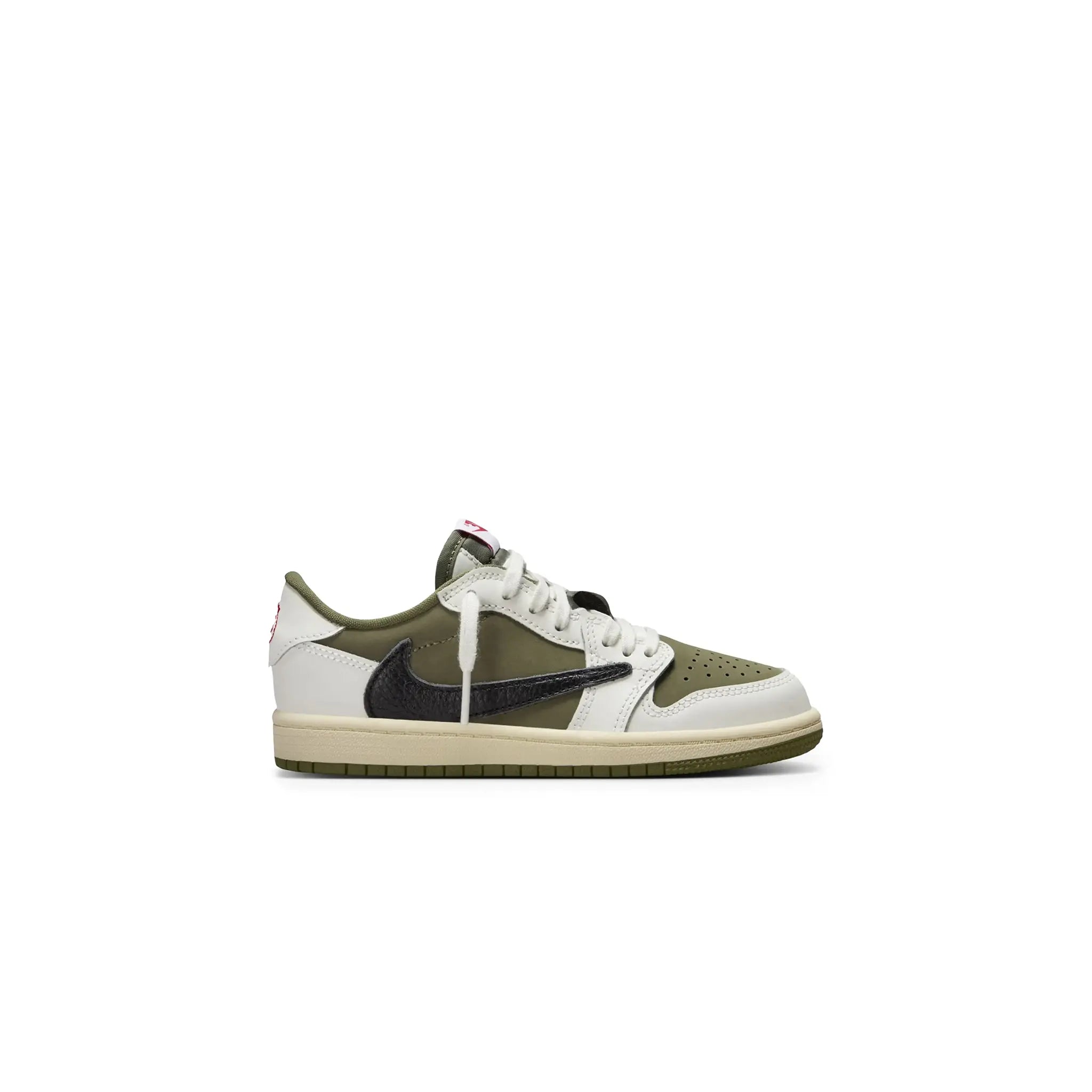 Side view of Travis Scott x Air Jordan 1 Low OG Medium Olive (PS) DO5442-200