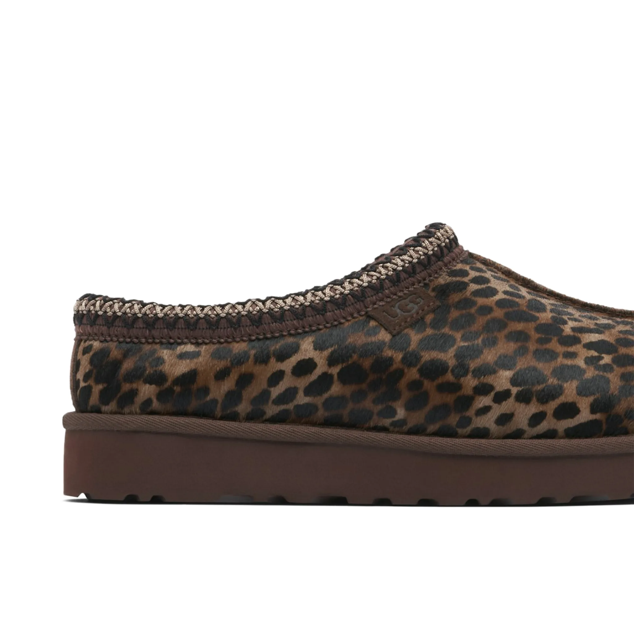 Side detail view of UGG Tasman Caspian Burnt Cedar Cheetah Slippers (W) 1158350-BCDR